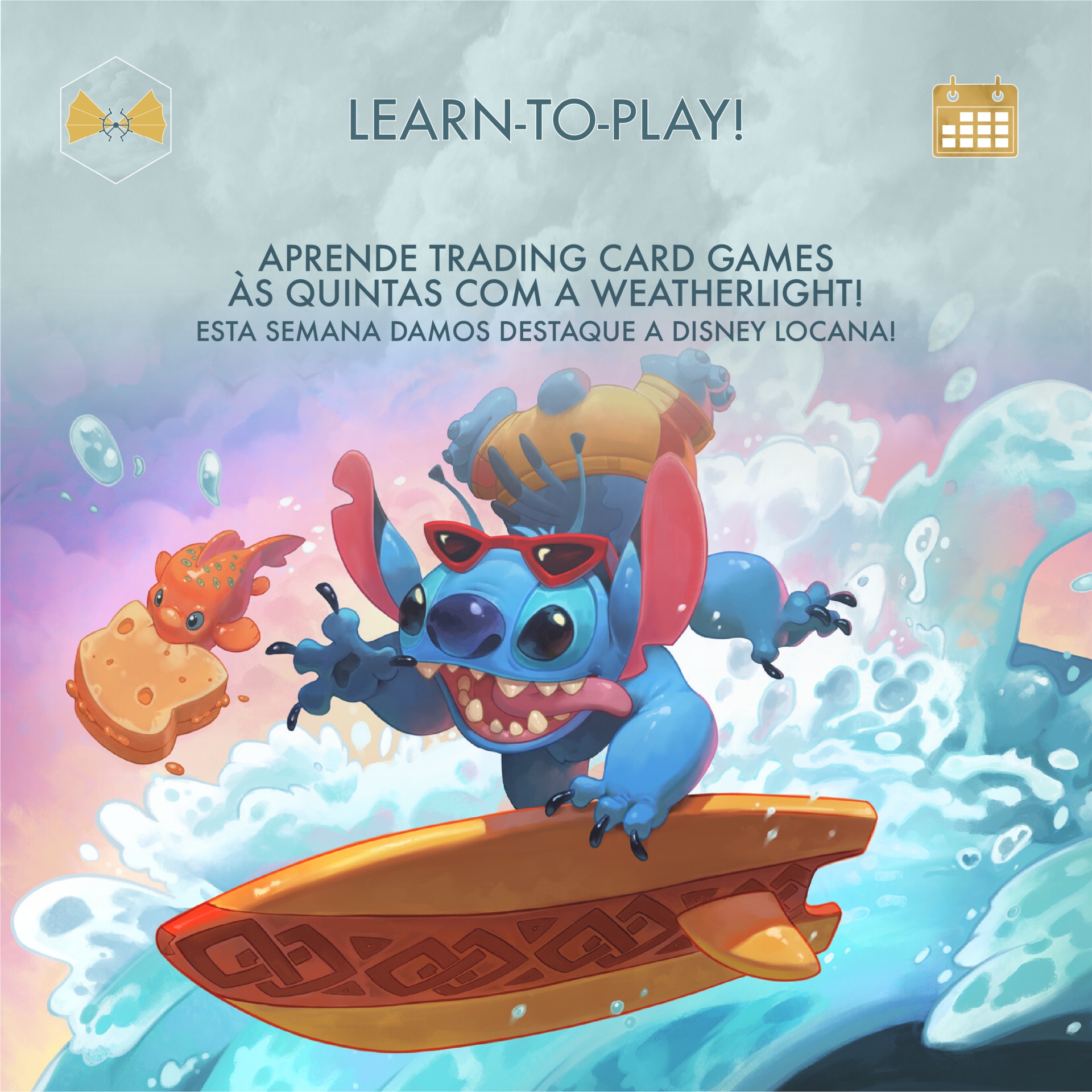 Ilustração de Stitch a surfar com texto promocional em inglês e português
