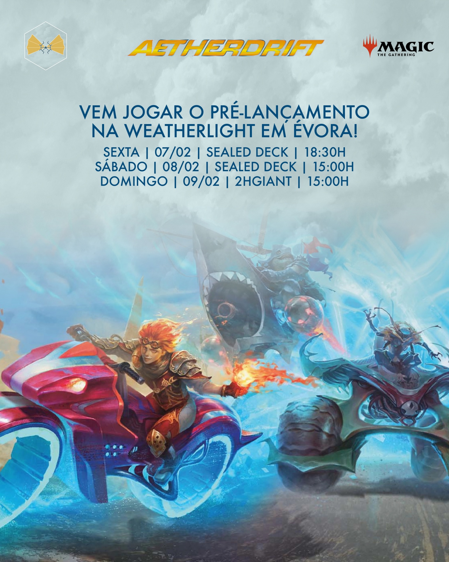 Cartaz do pré-lançamento do Weatherlight em Évora com personagens fantásticos e datas de evento