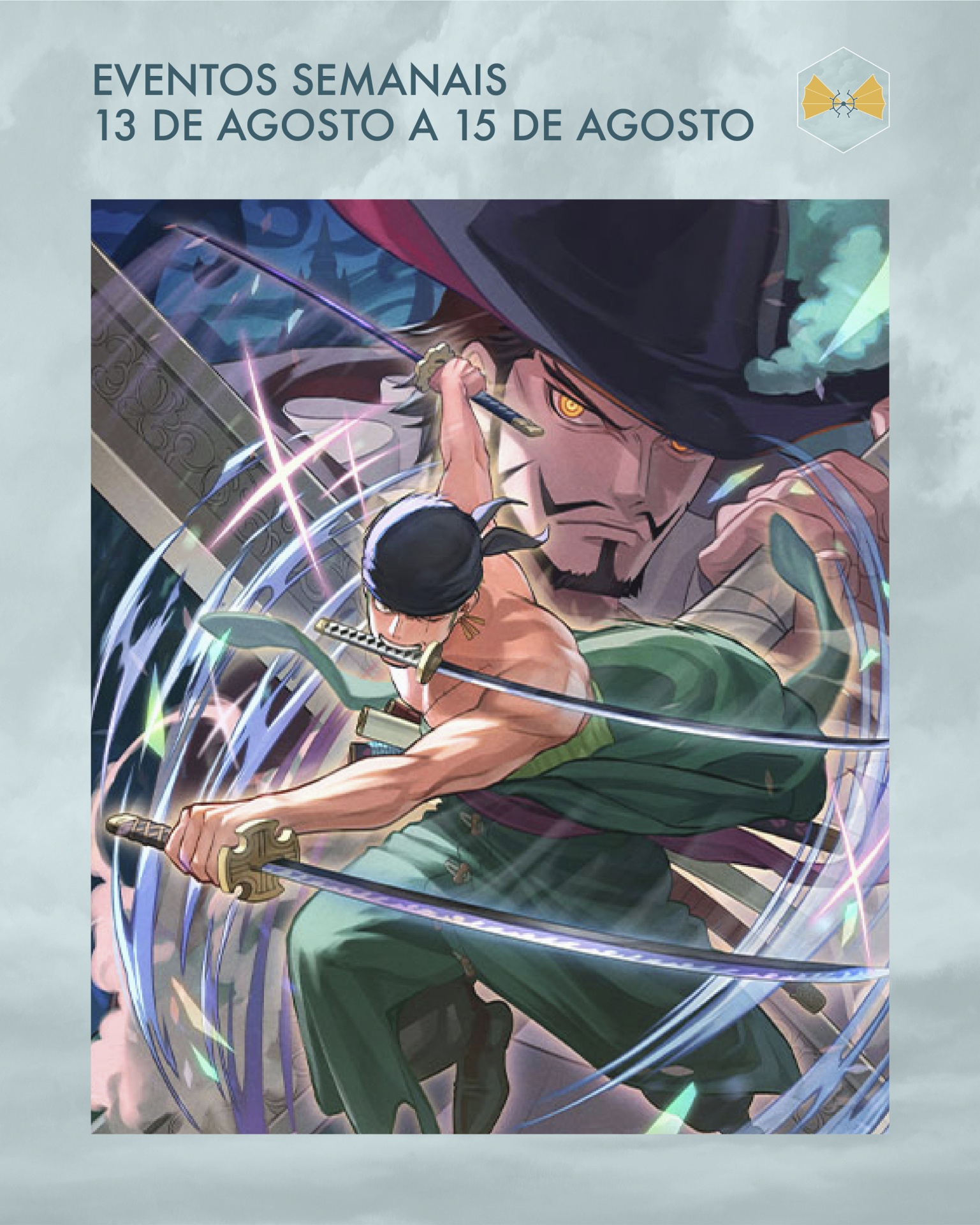 Ilustração de personagens de anime com três espadas, evento semanal de 13 a 15 de agosto