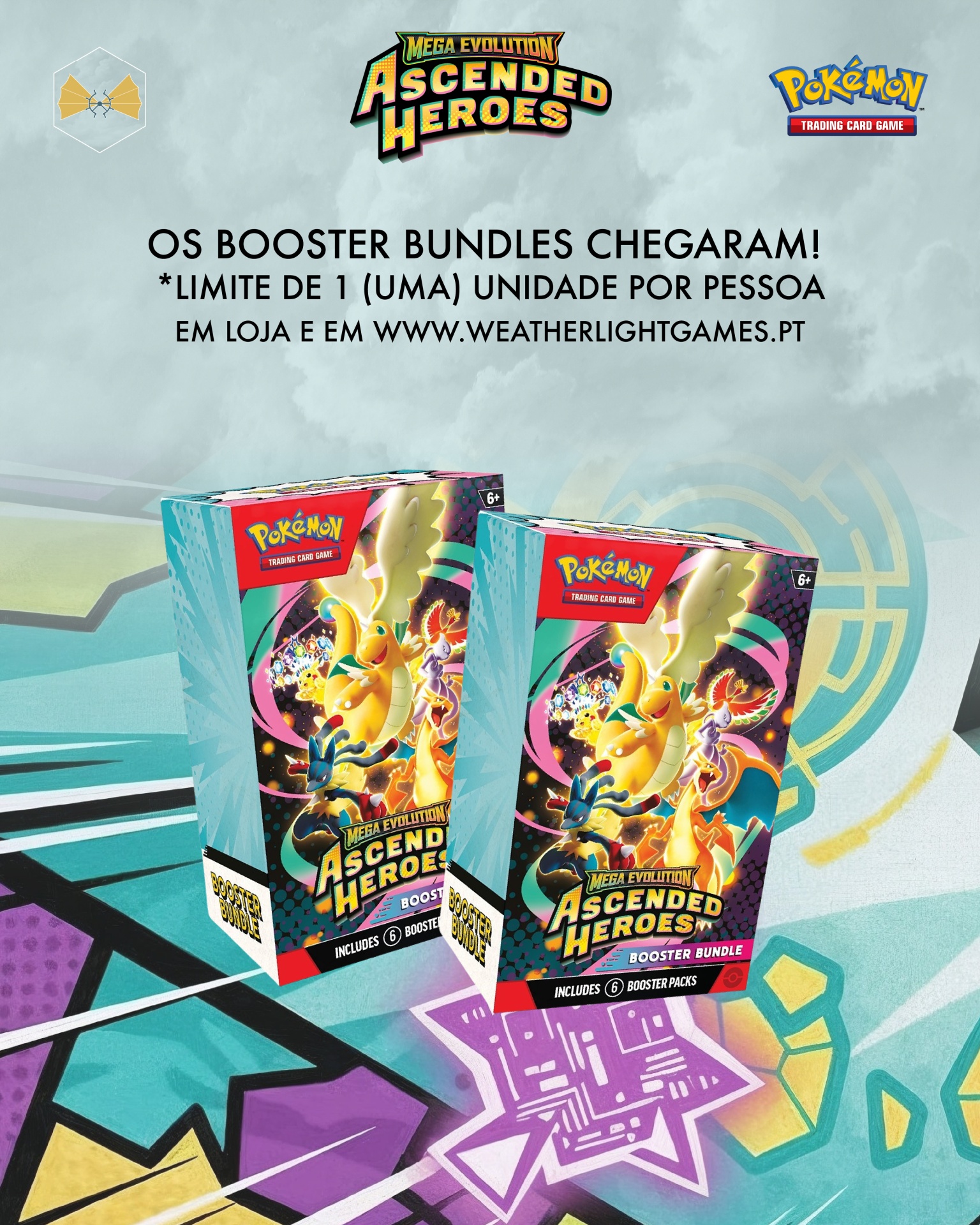 Caixas de booster bundle Pokémon Mega Evolution Ascended Heroes com arte colorida e texto promocional em fundo abstrato
