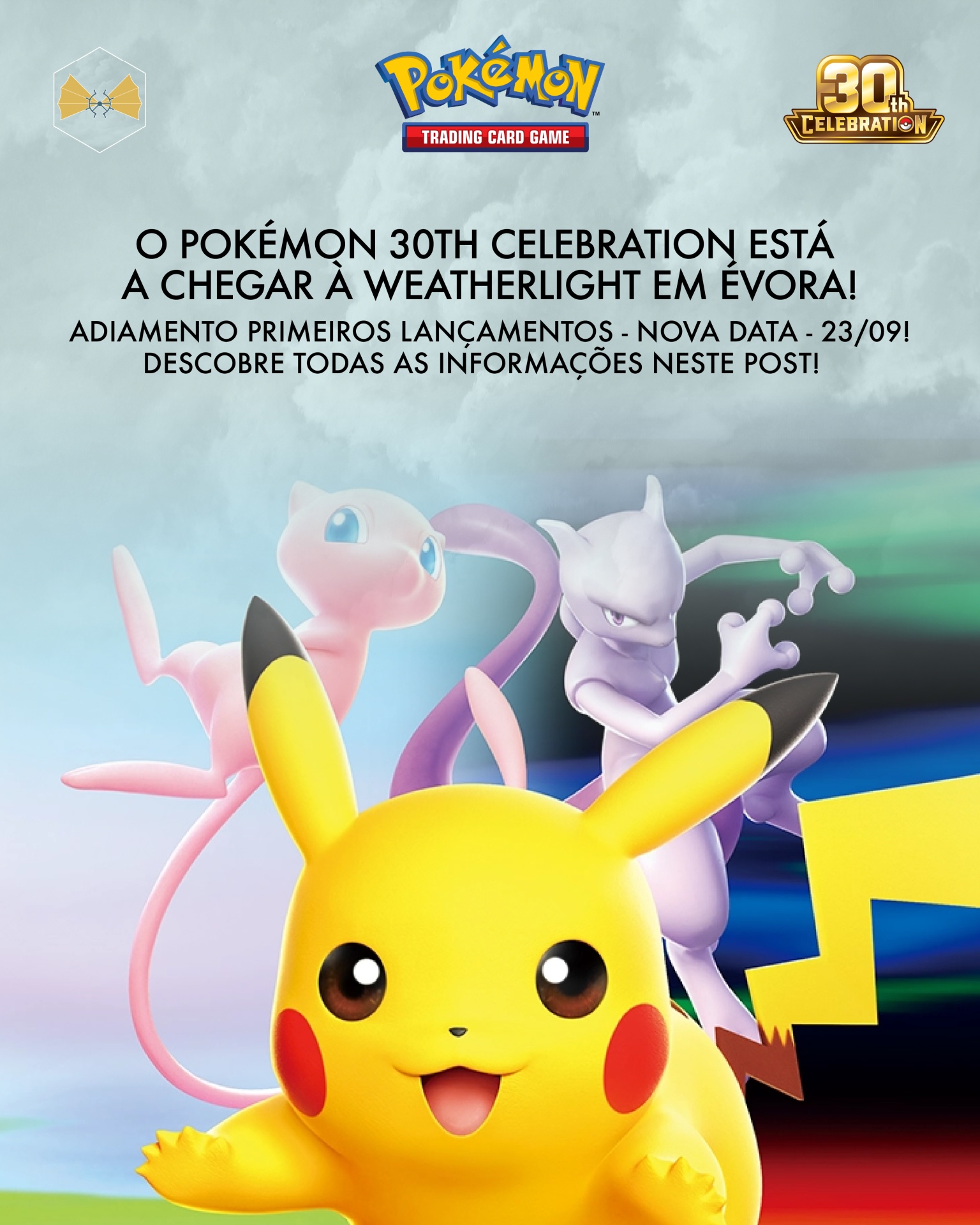 Promoção Pokémon 30th Celebration com personagens Pikachu, Mew e Mewtwo e texto em português.