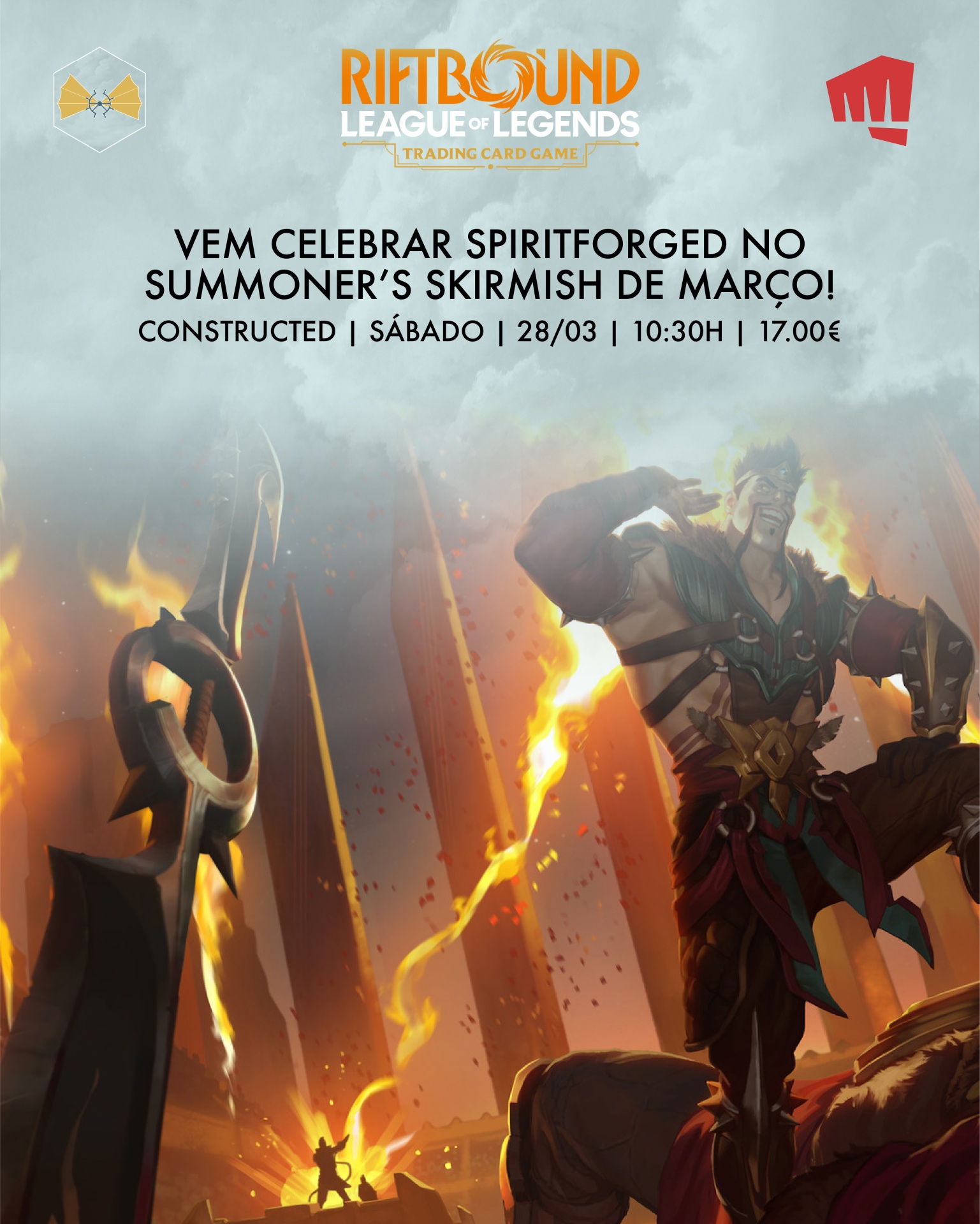 Cartaz do jogo Riftbound League of Legends com personagem e texto de evento em português