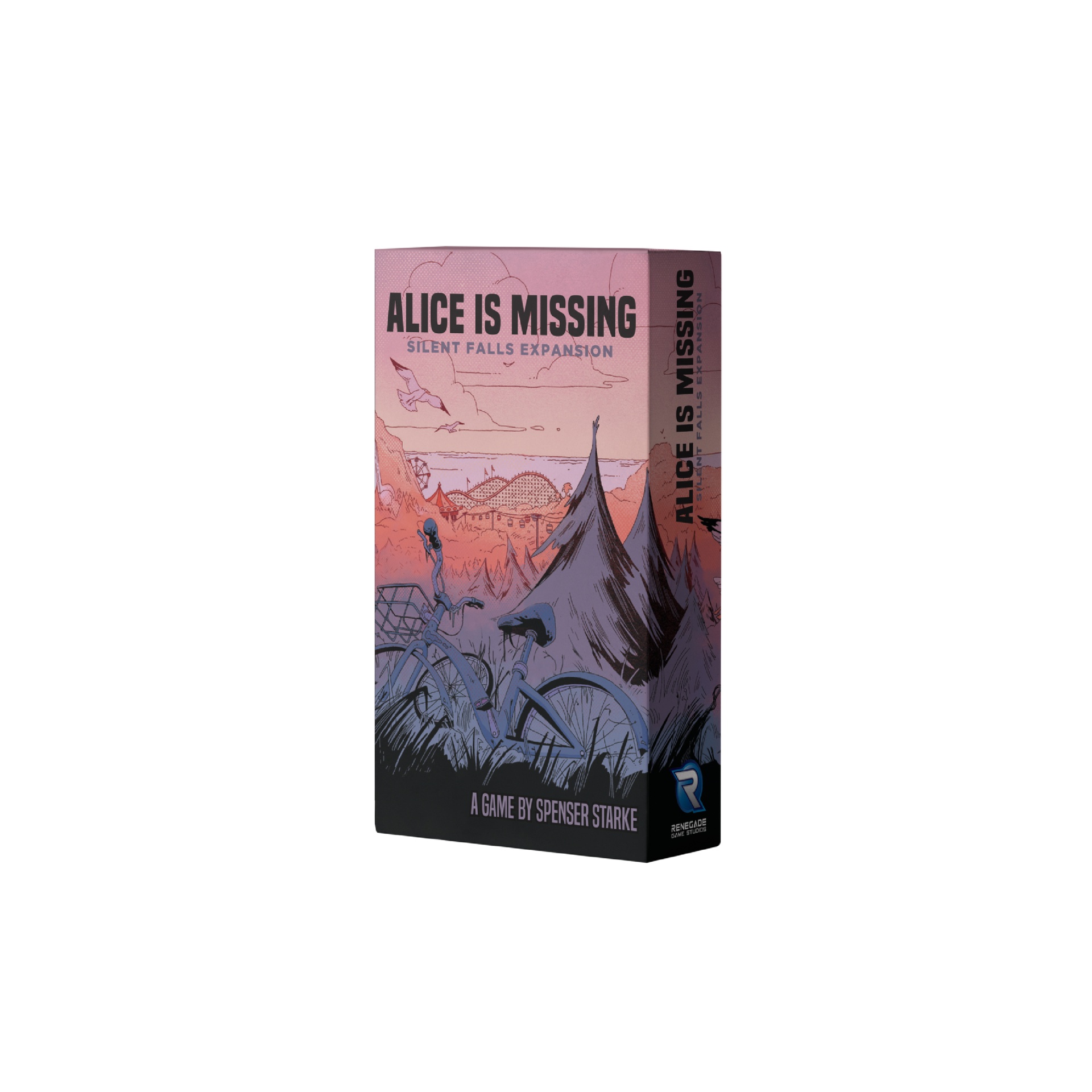 Alice is Missing: Silent Falls - Expansion - EN Caixa do jogo de tabuleiro Alice Is Missing Silent Falls Expansion com ilustração campestre ao entardecer