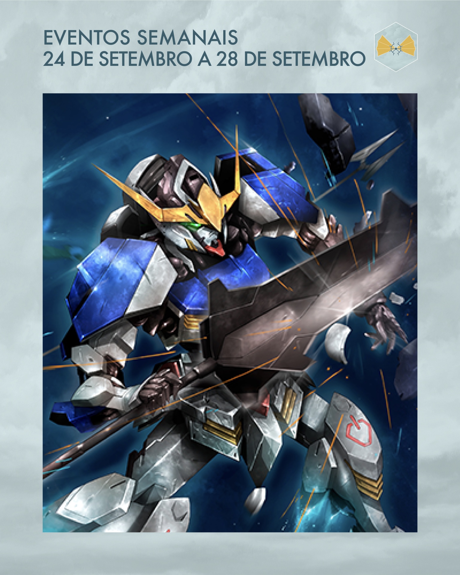 Cartaz de eventos semanais com imagem de robô futurista segurando arma