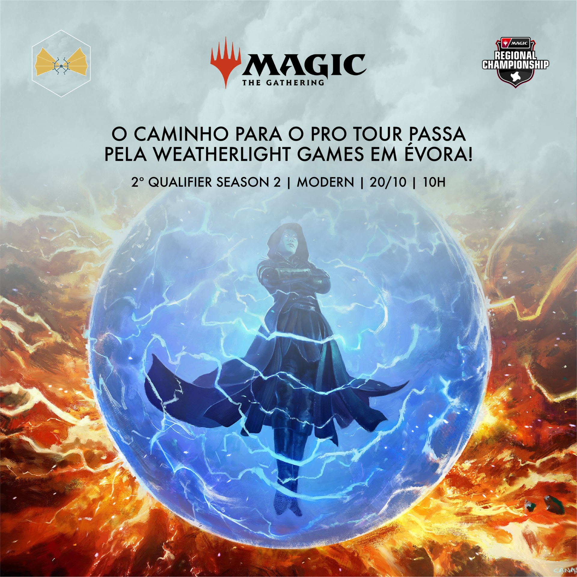 Arte promocional de Magic The Gathering com figura azulada em esfera eléctrica num fundo de fogo e texto promocional em português.