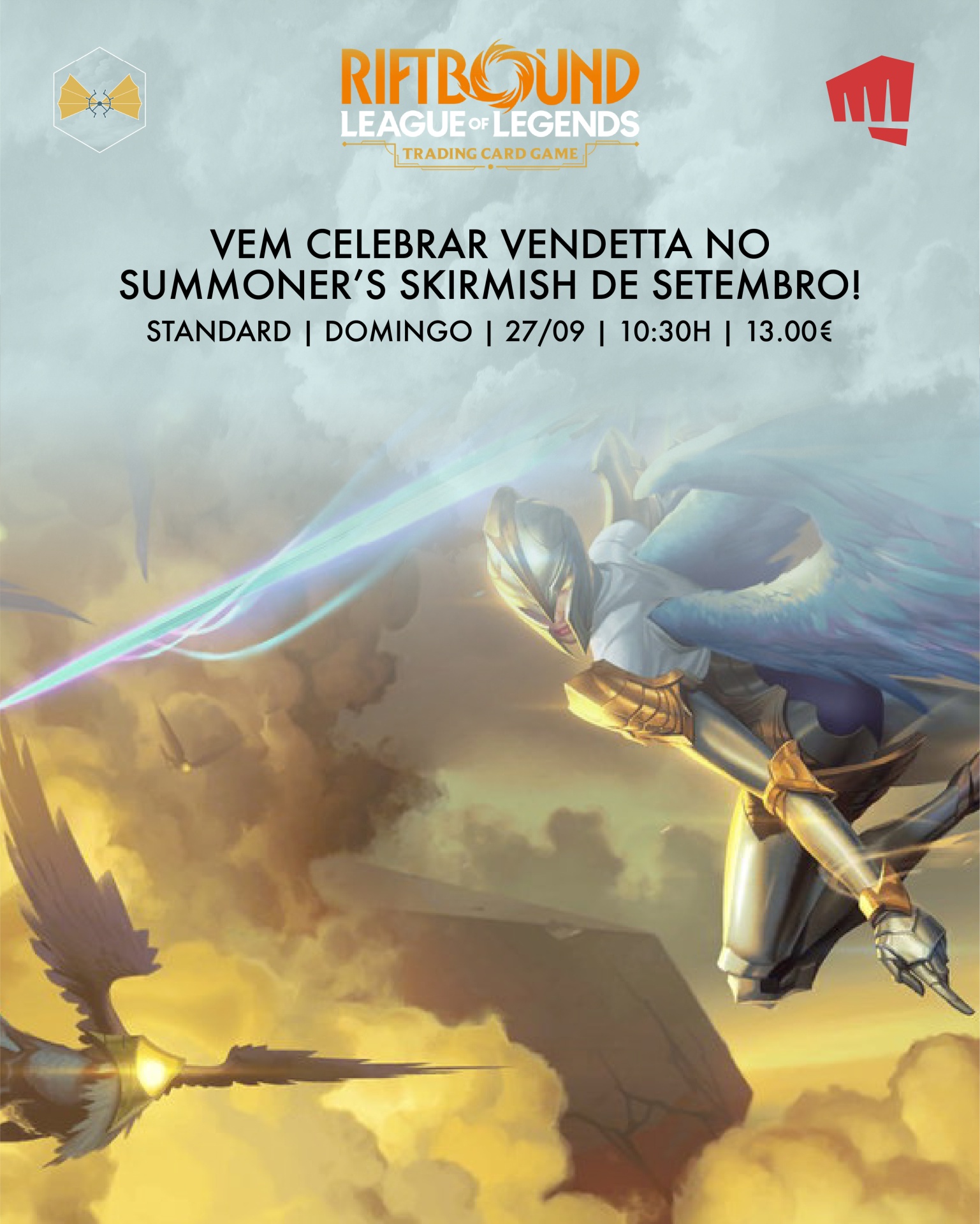 Promoção para jogo de cartas League of Legends com texto de evento em português e ilustração de personagem alado em armadura metálica.