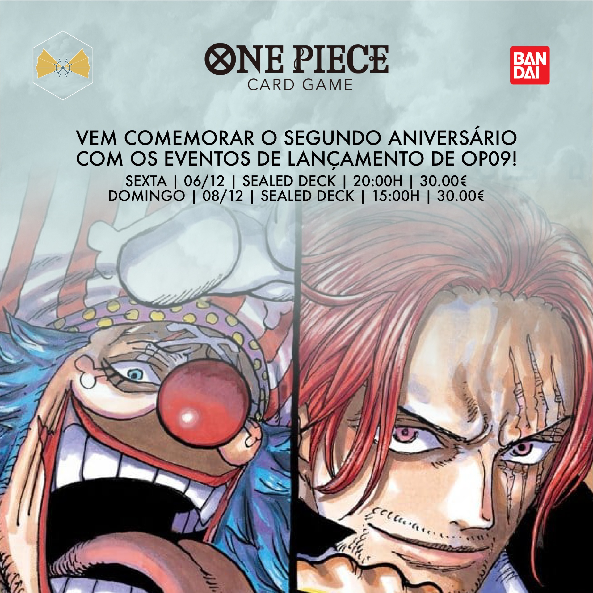 Cartaz promocional do jogo de cartas One Piece com dois personagens ilustrados e texto em português sobre eventos de lançamento e aniversário.