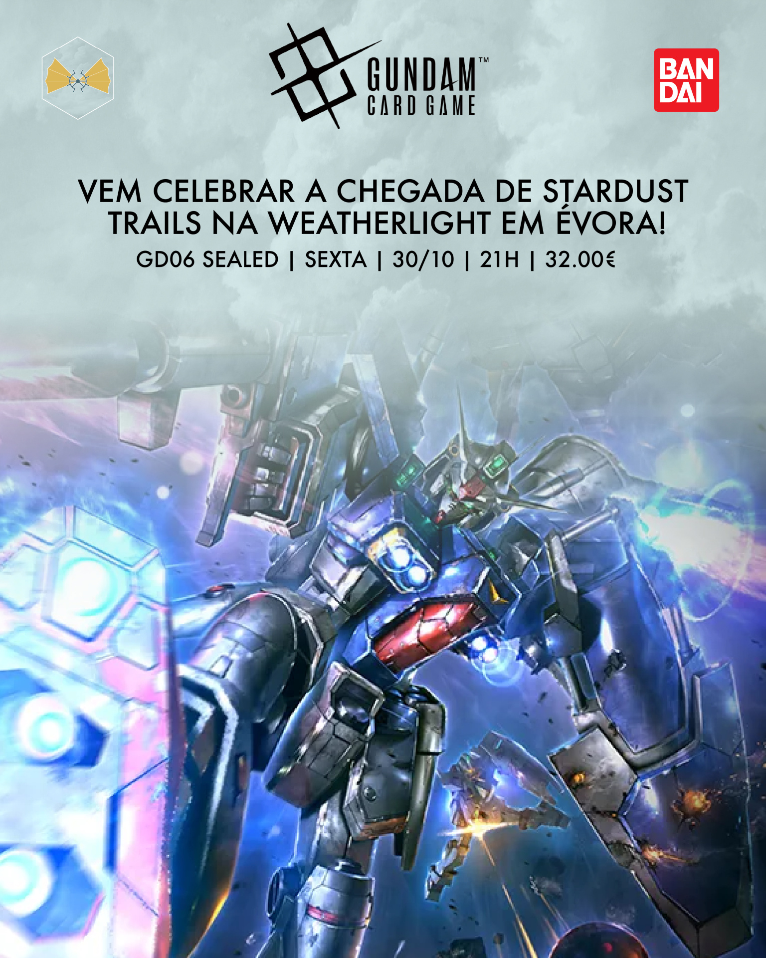 Cartaz promocional do Gundam Card Game com robô Gundam e texto de evento em português europeu.