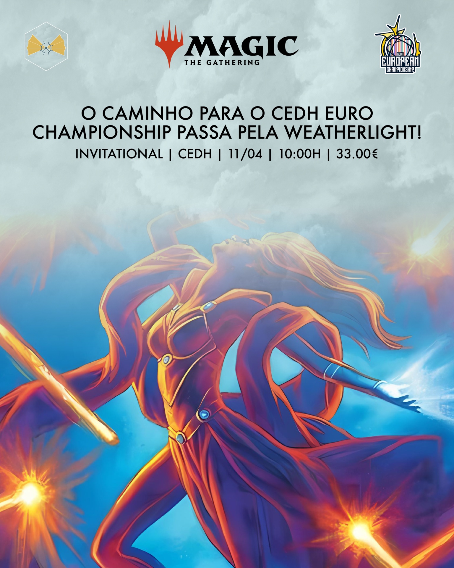 Cartaz promocional Magic The Gathering com ilustração de figura feminina em vestido vermelho rodeada por luz e fogo.