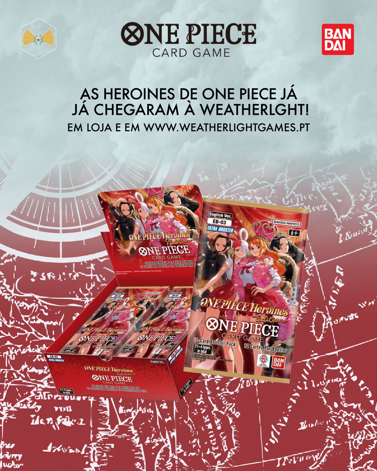 Embalagem do jogo de cartas One Piece Heroines Edition com personagens femininas em fundo vermelho e cinzento