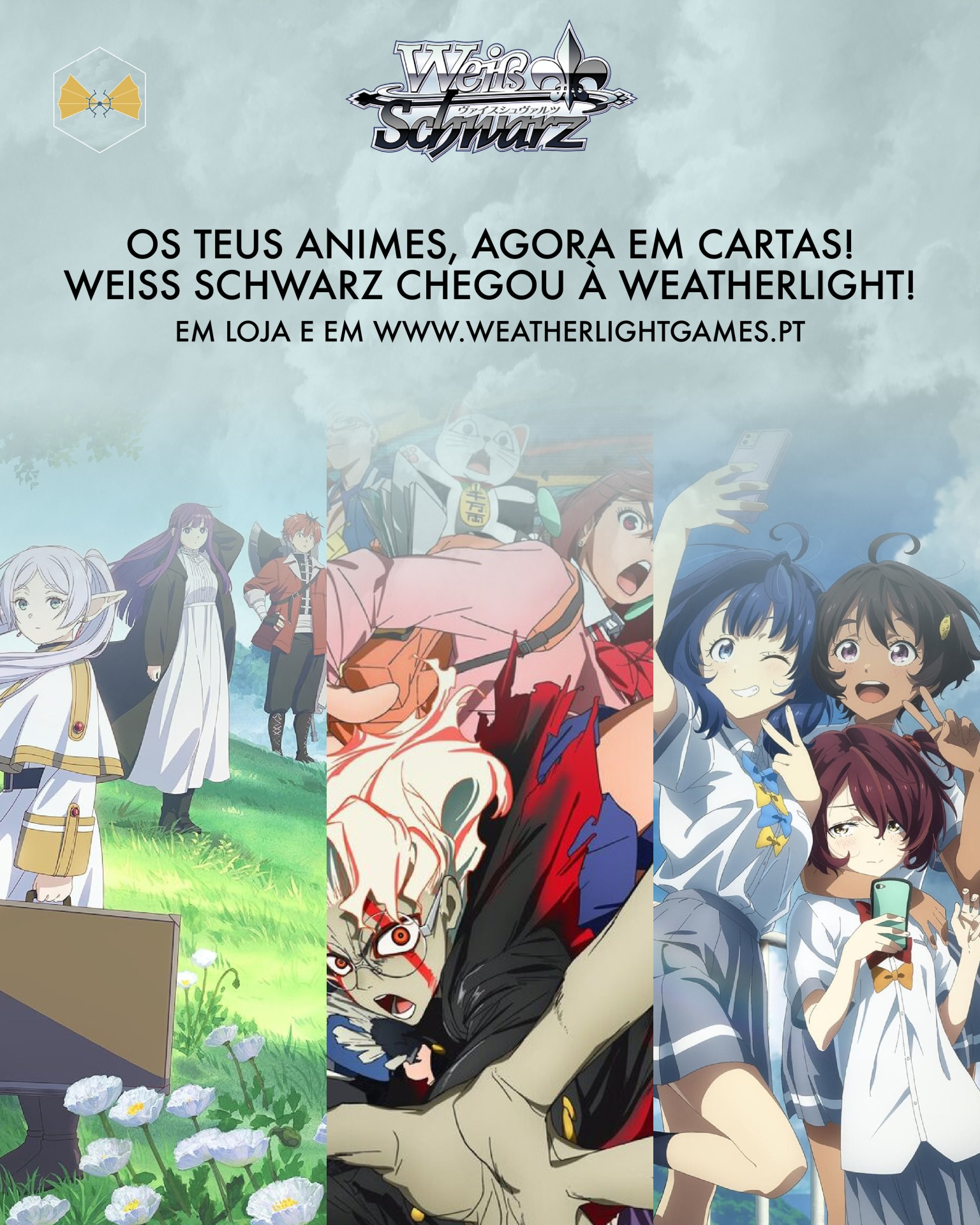 Promoção Weiss Schwarz com personagens de anime e texto em português sobre cartas e loja Weatherlight