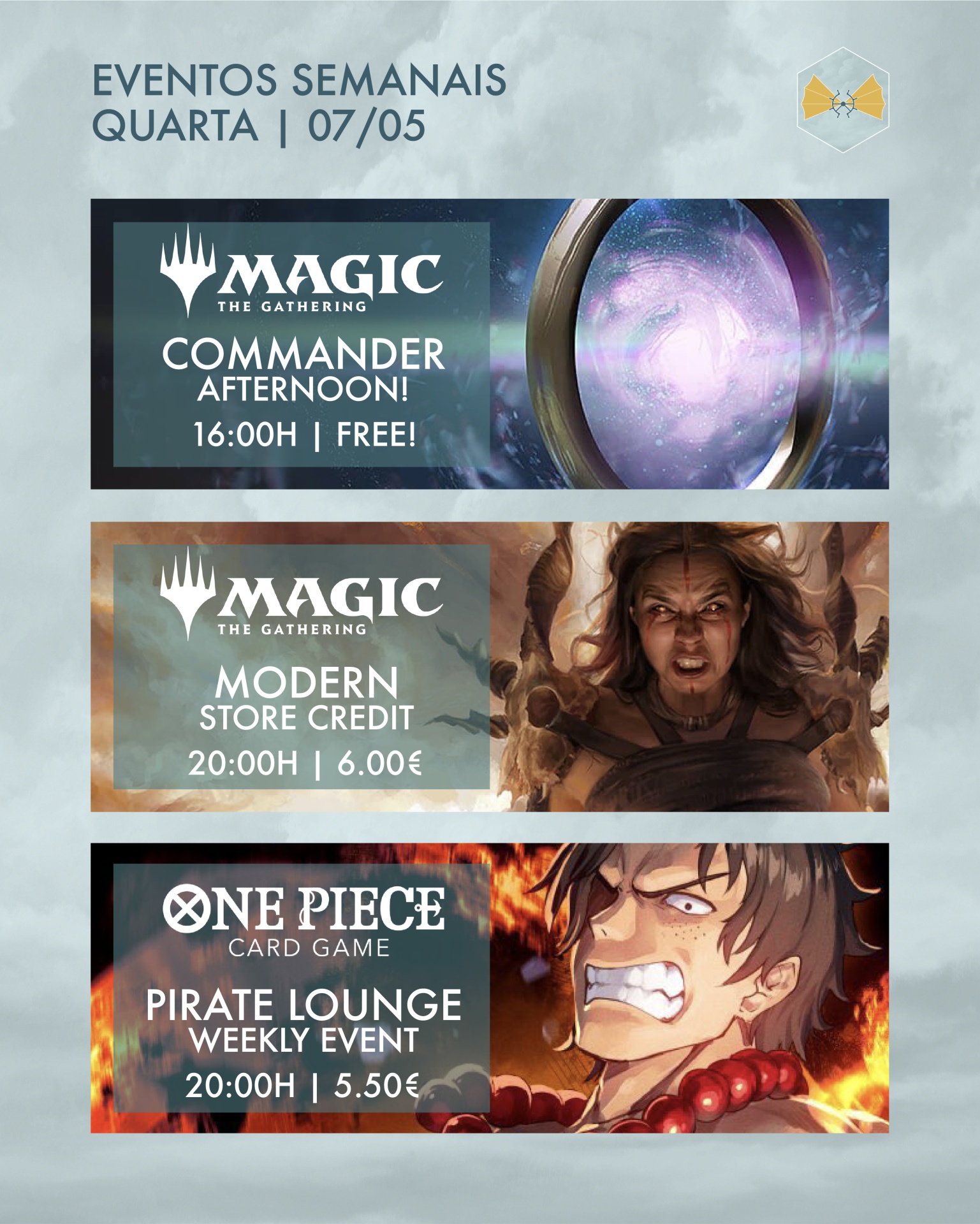 Cartaz de eventos semanais para jogos Magic The Gathering e One Piece Card Game com datas, horas e preços.