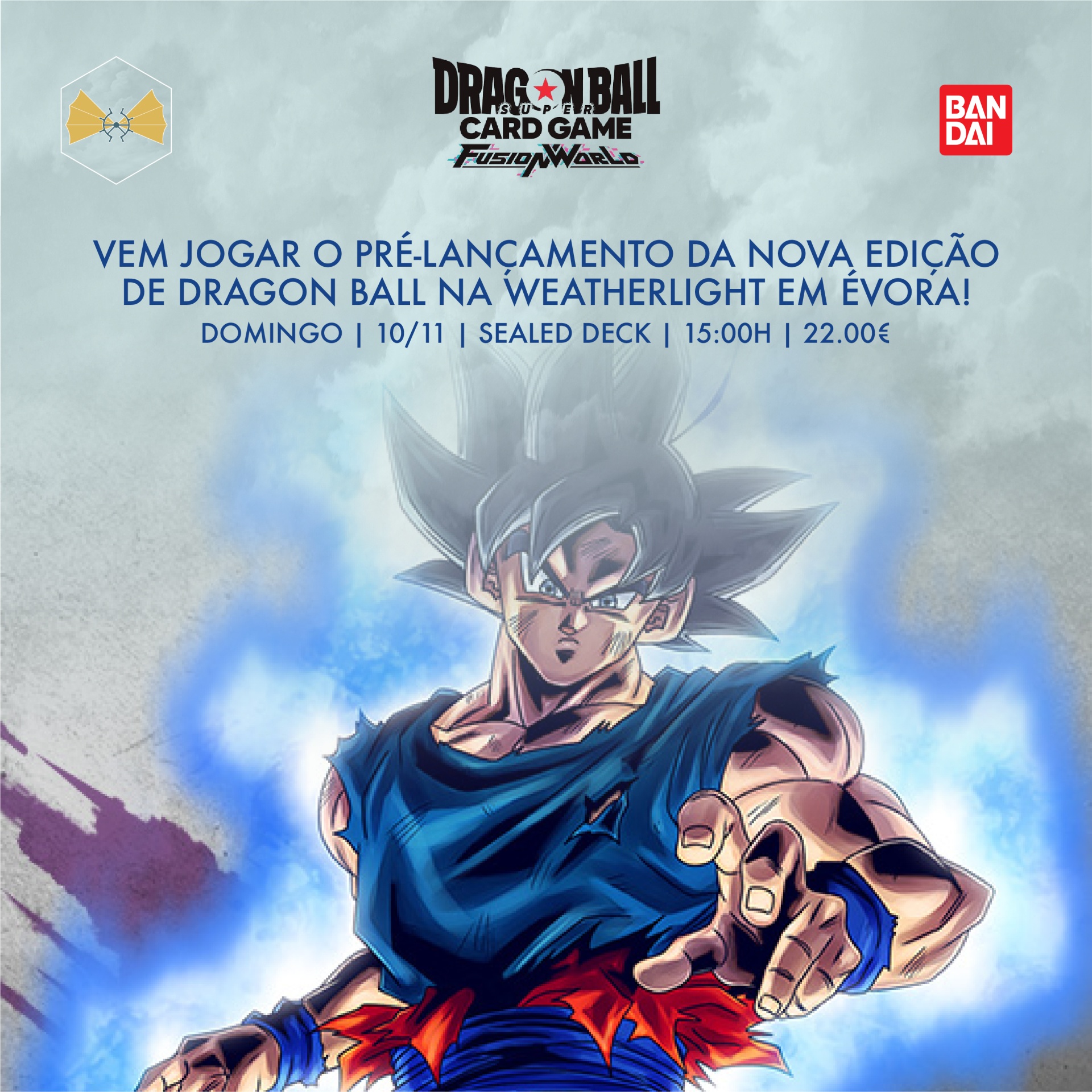Cartaz promocional do jogo Dragon Ball Card Game com personagem Goku e texto em português.