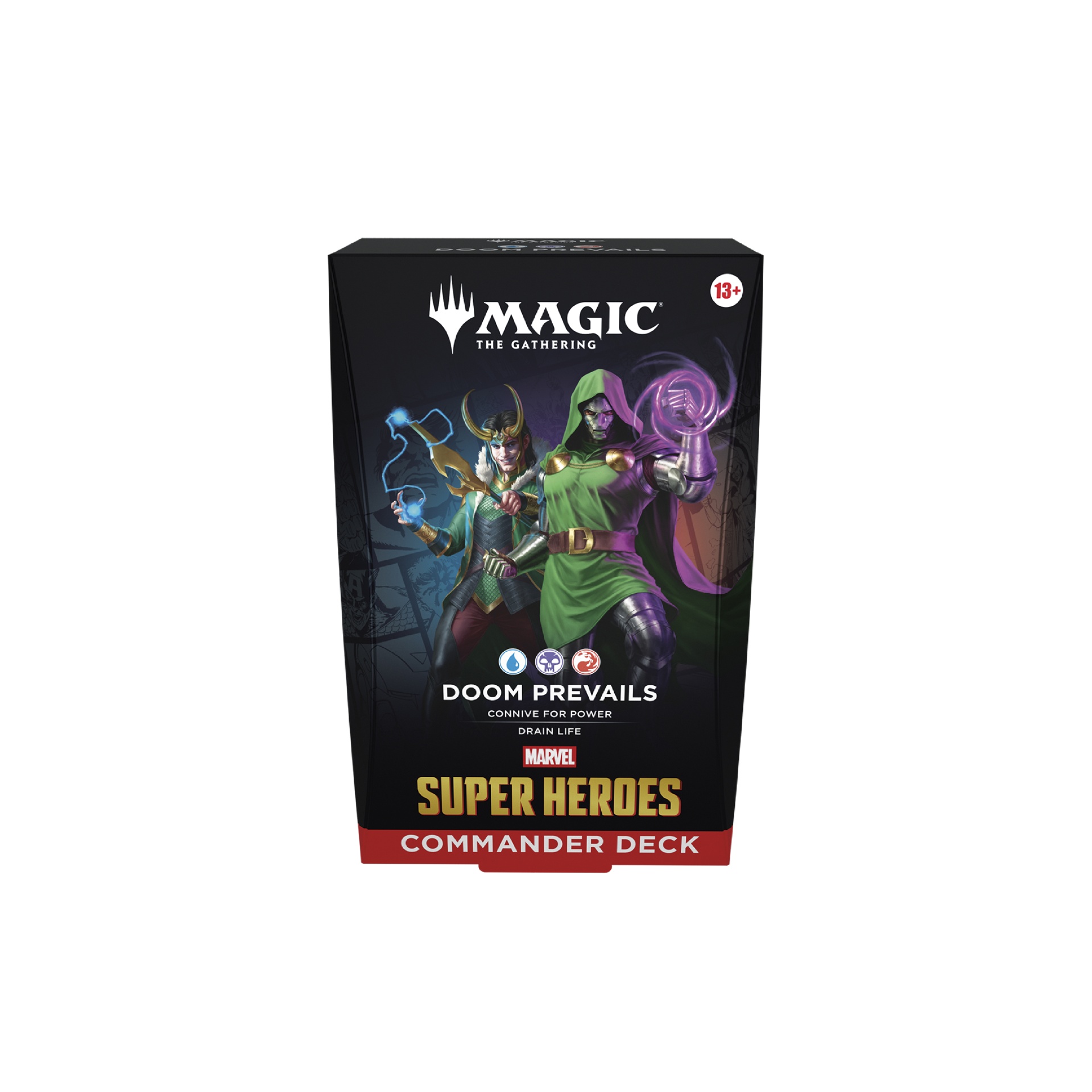 Magic: The Gathering - Marvel Super Heroes - Commander Deck - Doom Prevails - EN Caixa do jogo Magic The Gathering com tema Marvel Super Heroes e personagens ilustrados