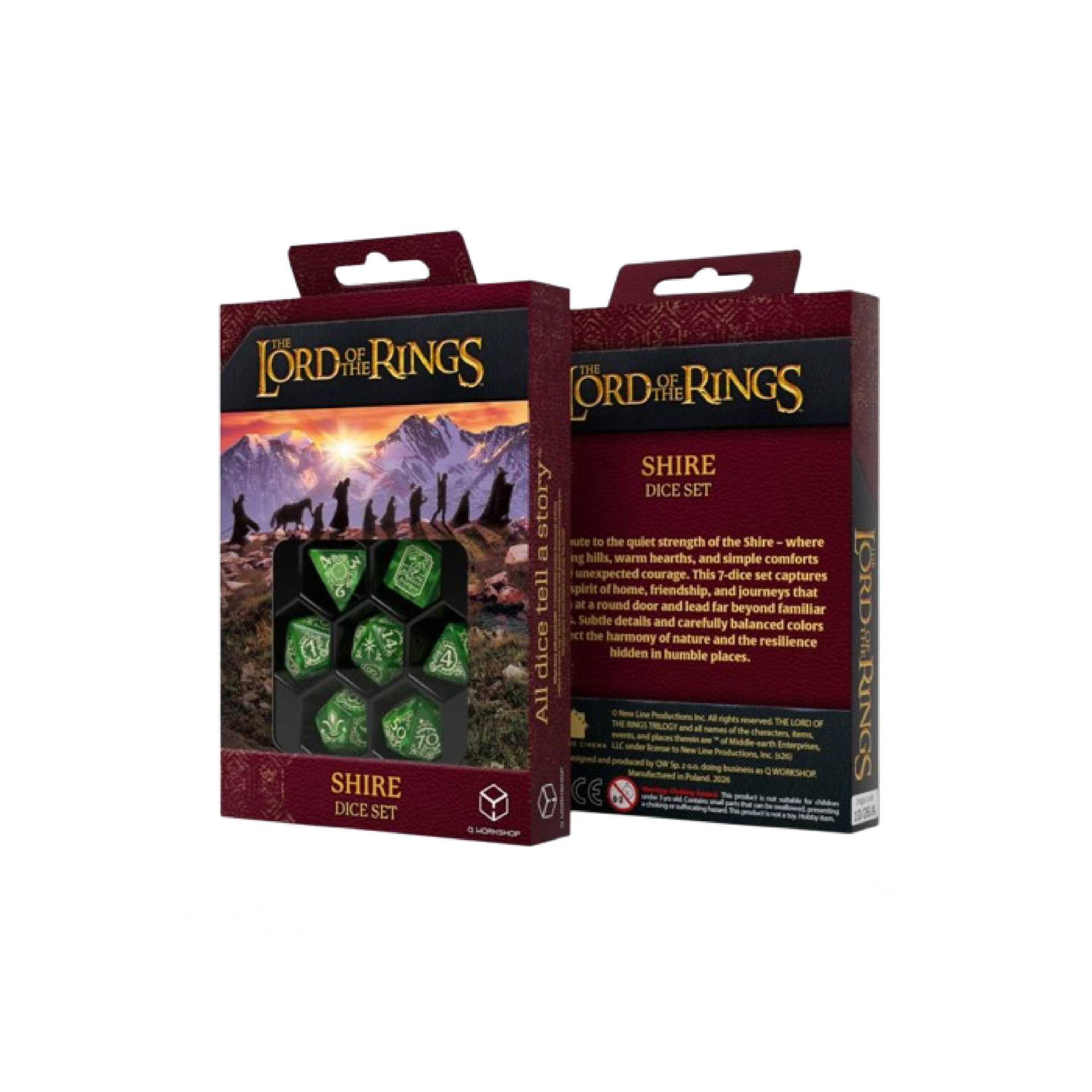 Q-Workshop - Dice Set - The Lord of the Rings: Shire (7pcs) Conjunto de dados The Lord of the Rings SHIRE DICE SET em embalagem vermelha com dados verdes