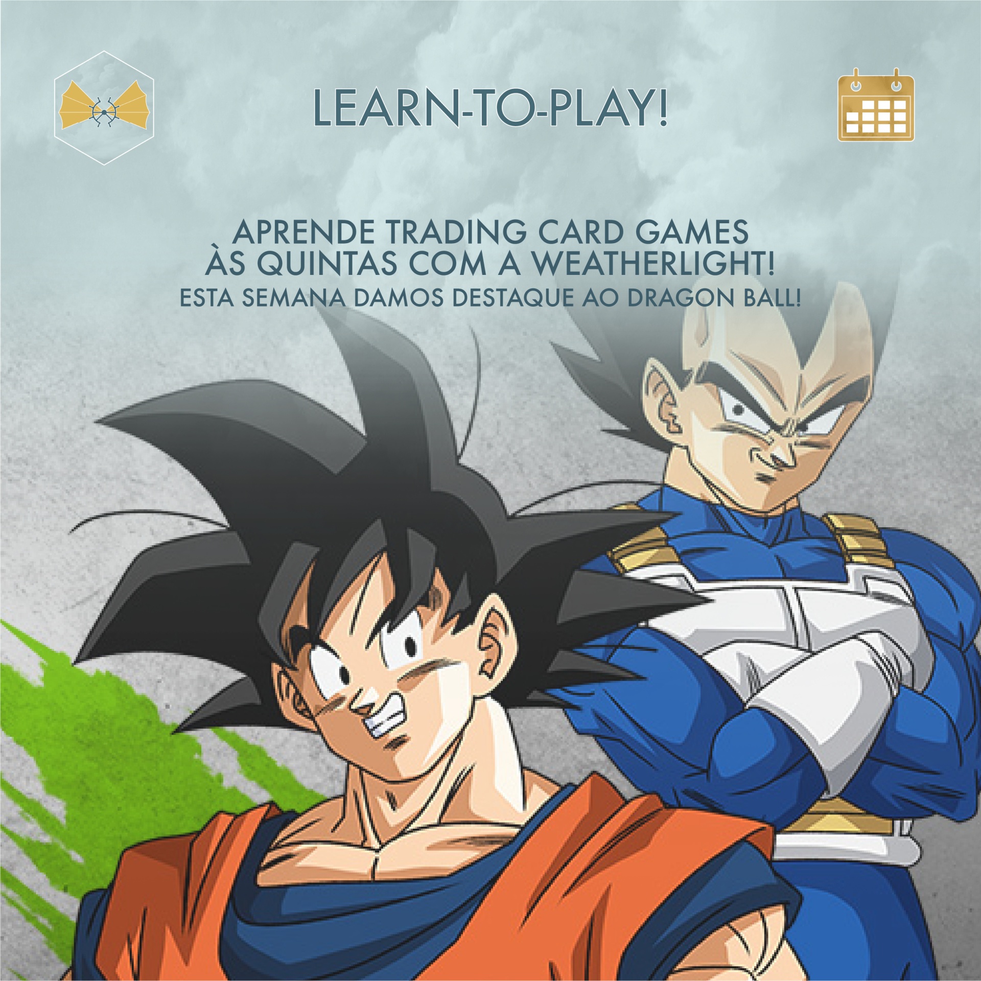 Personagens de Dragon Ball com texto promocional em português sobre jogos de cartas