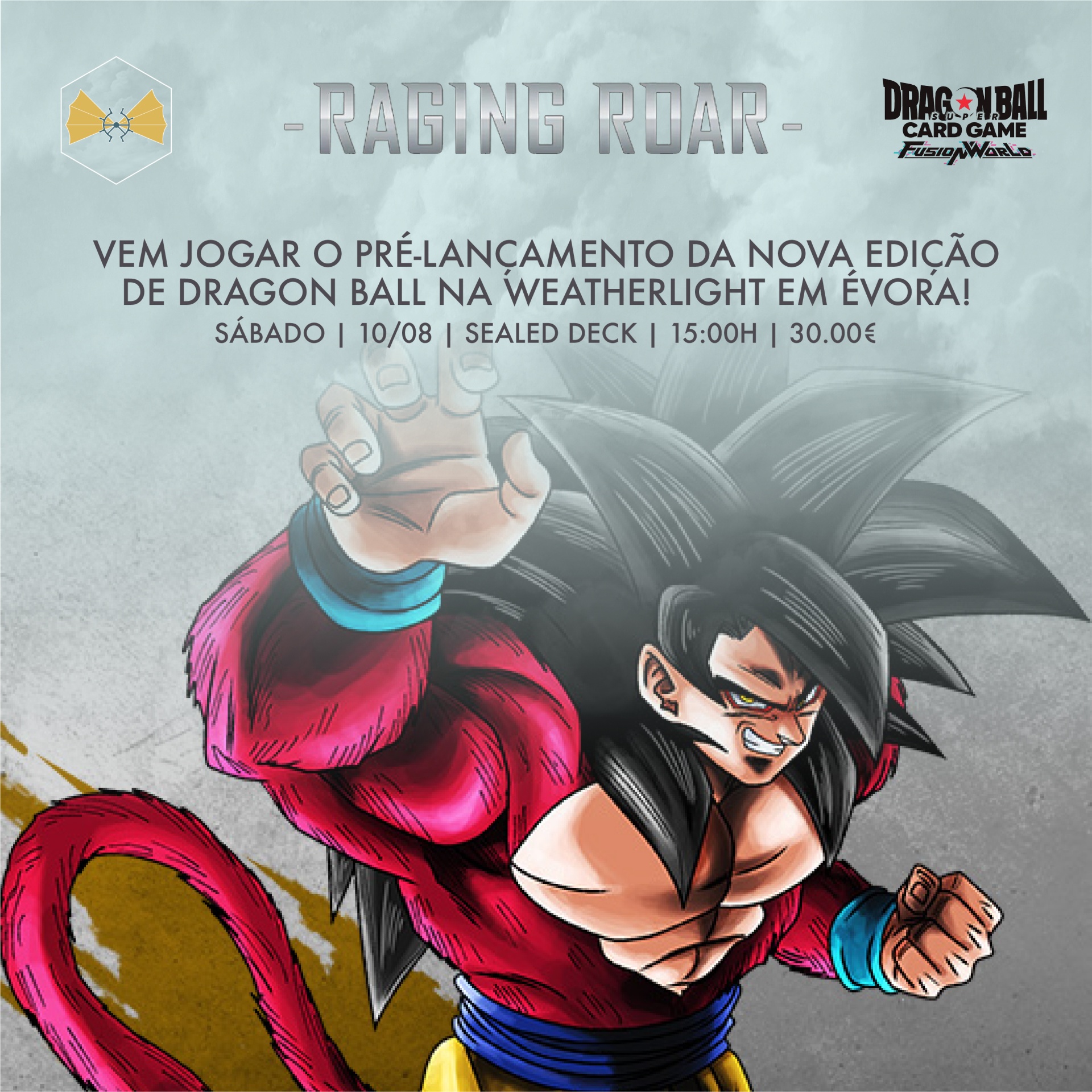 Promoção do jogo Dragon Ball Card Game com personagem anime e informação de evento
