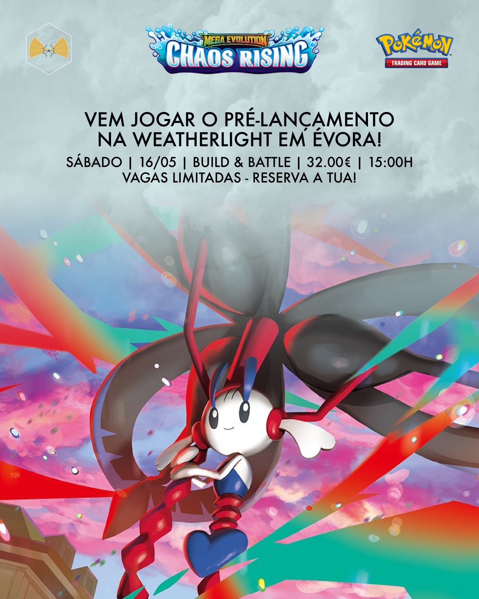 Promoção do pré-lançamento do jogo de cartas Pokémon Mega Evolution Chaos Rising com texto informativo e figura de personagem colorido.