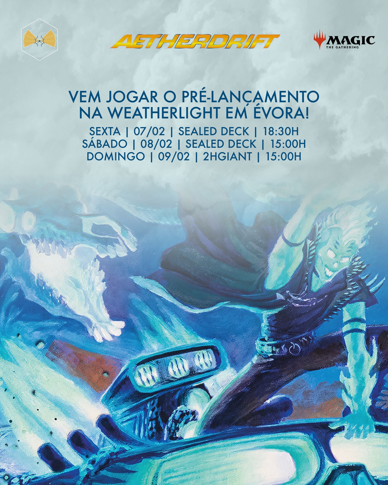Imagem promocional para evento de jogo Magic: The Gathering com ilustração e texto sobre pré-lançamento Weatherlight