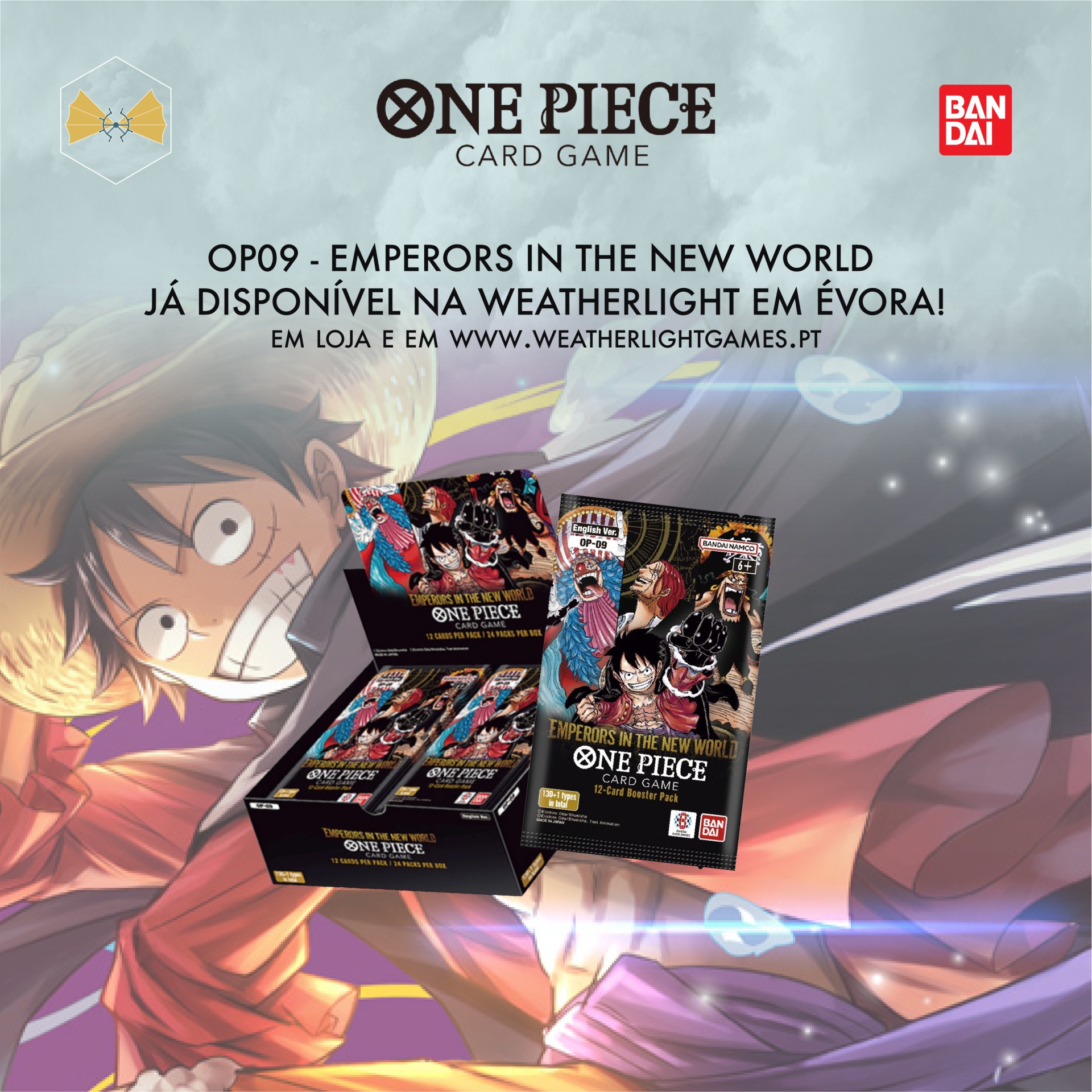 Embalagens do jogo de cartas ONE PIECE CARD GAME OP09 com fundo ilustrado do personagem Luffy