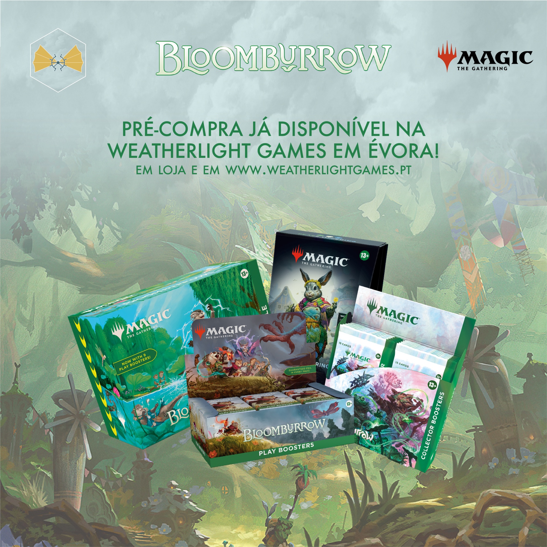 Produtos Magic The Gathering coleção BLOOMBURROW exibidos com texto promocional em português