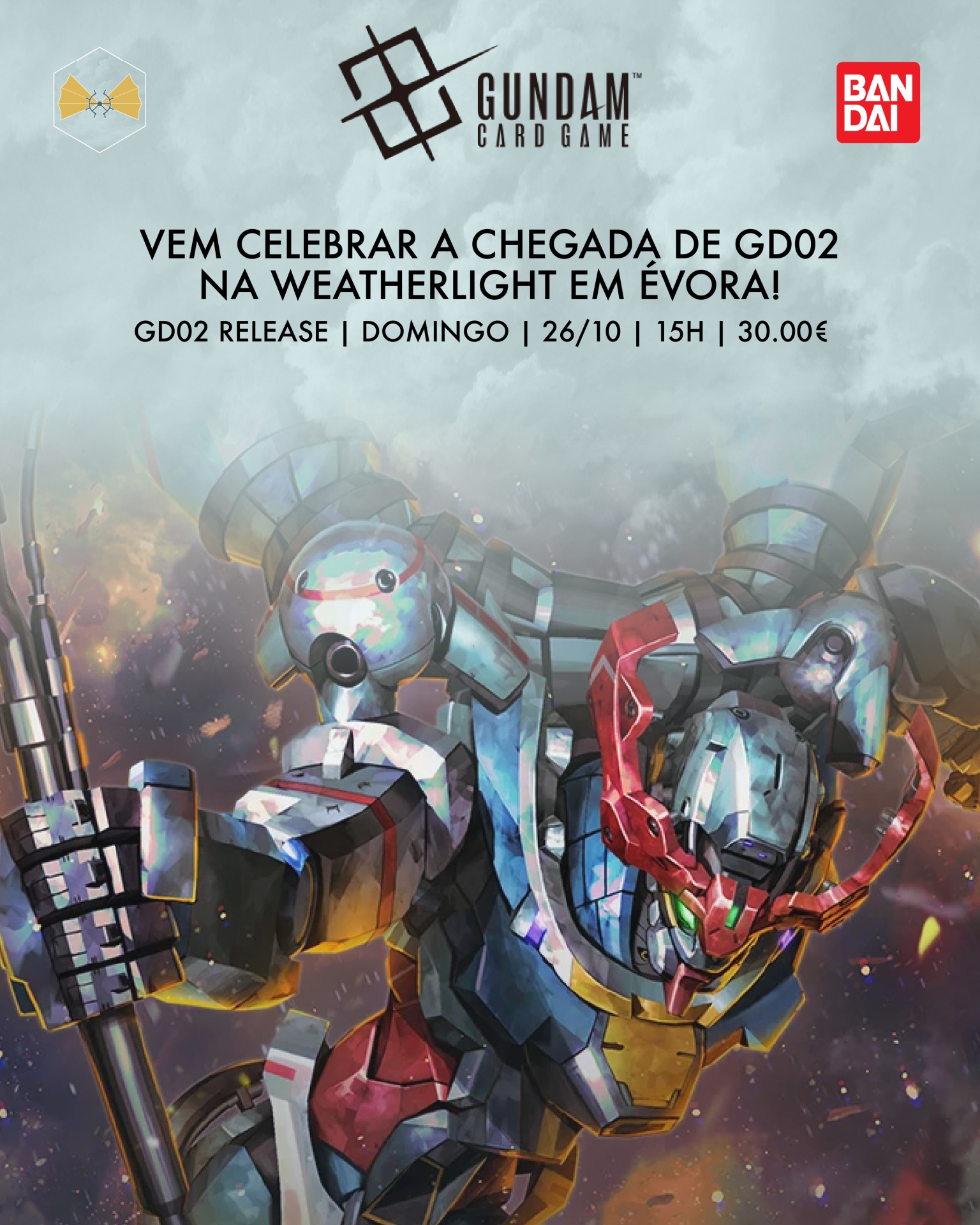 Cartaz do Gundam Card Game com um robot Gundam colorido e texto sobre o lançamento GD02 em Évora