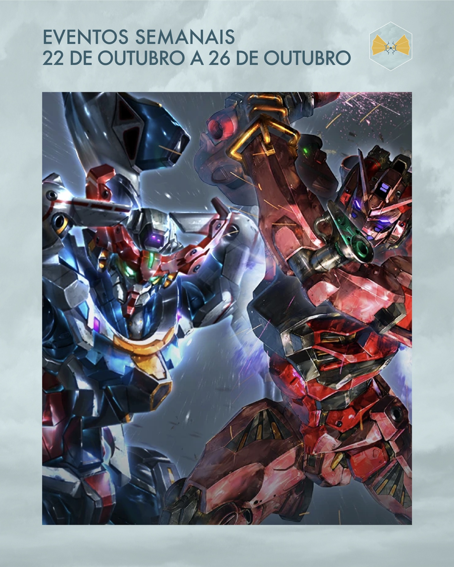 Duas figuras robóticas coloridas e texto de eventos semanais em fundo cinza