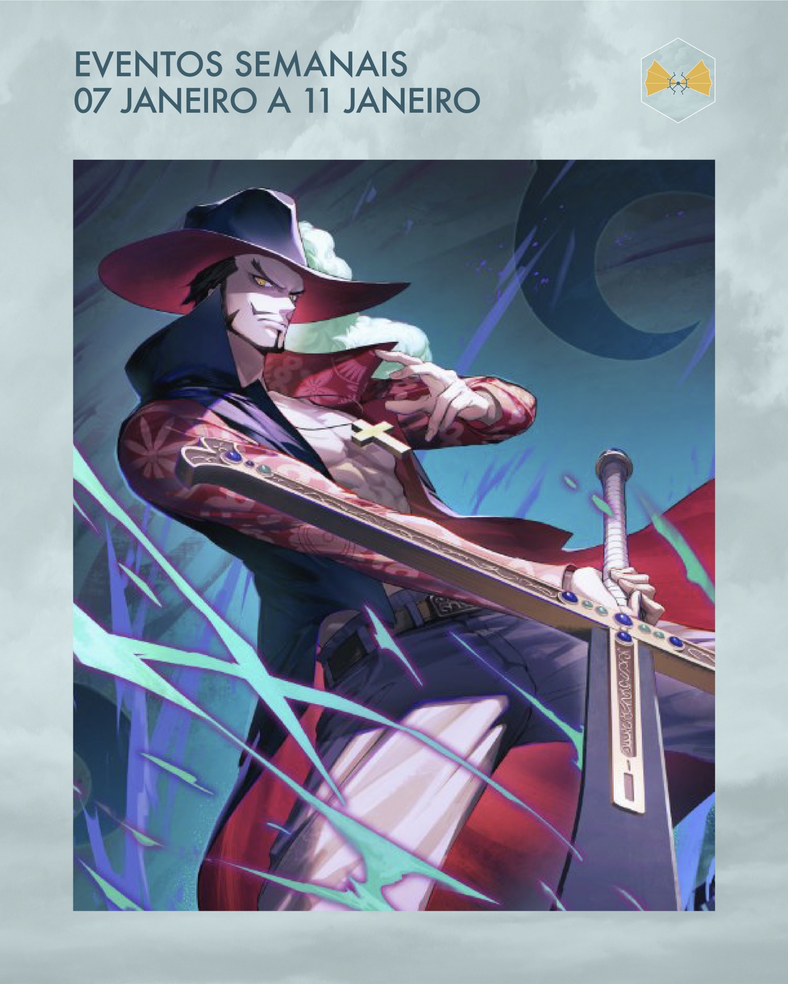 Personagem masculino com chapéu e casaco vermelhos segurando espada com fundo azul e texto de eventos semanais