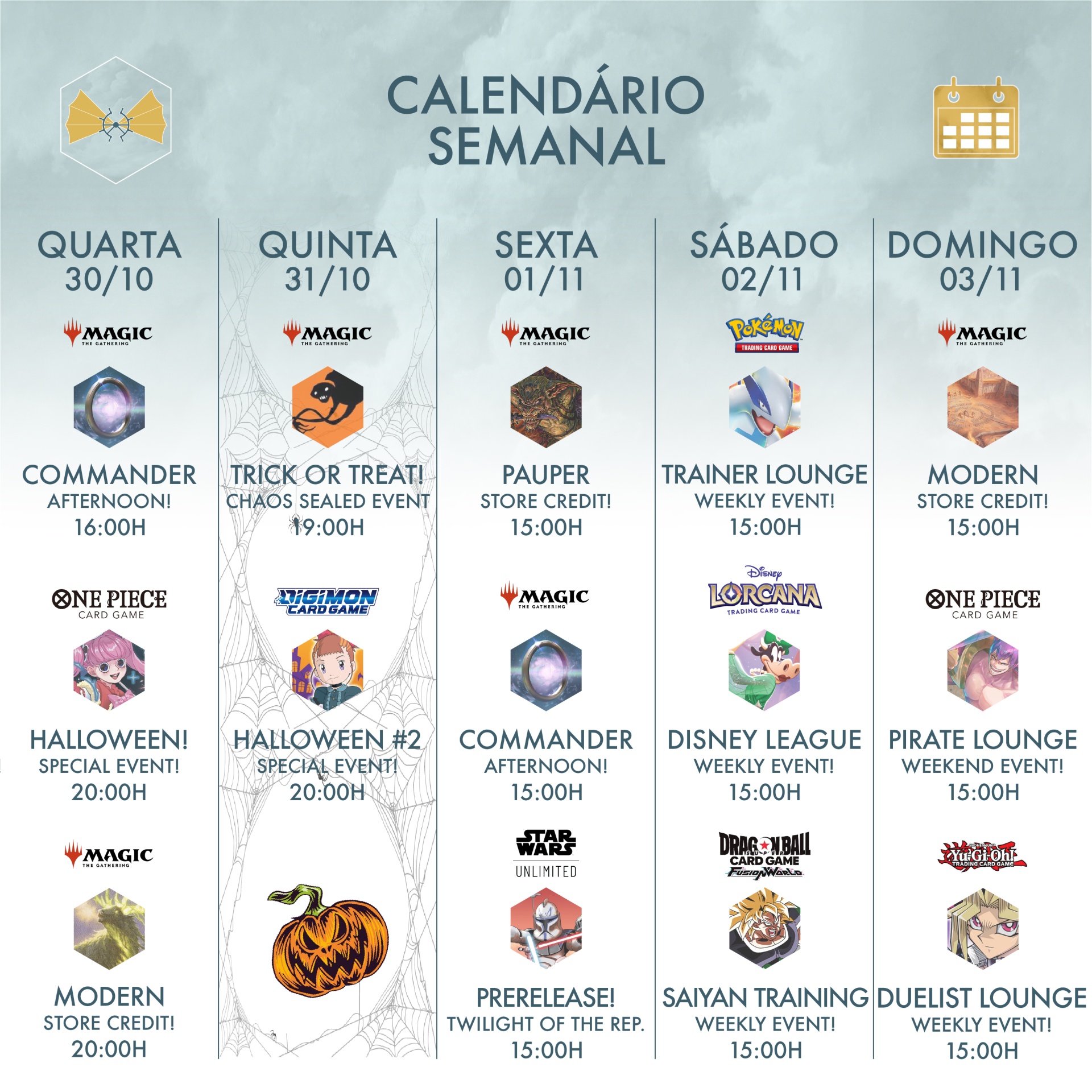 Calendário semanal de eventos de jogos com datas, horários e nomes de jogos e eventos