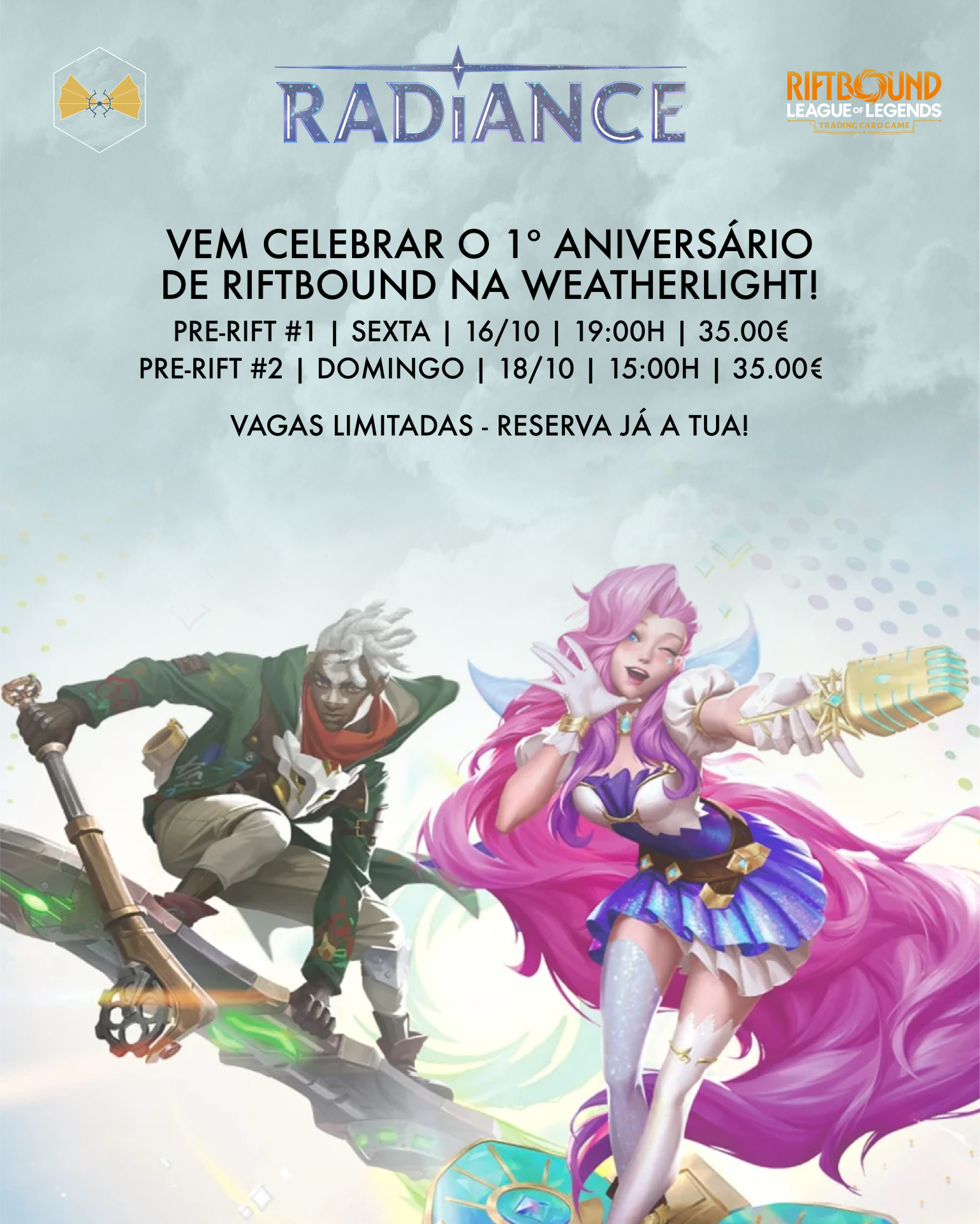Cartaz promocional do jogo de cartas League of Legends com texto sobre aniversário e reservas.