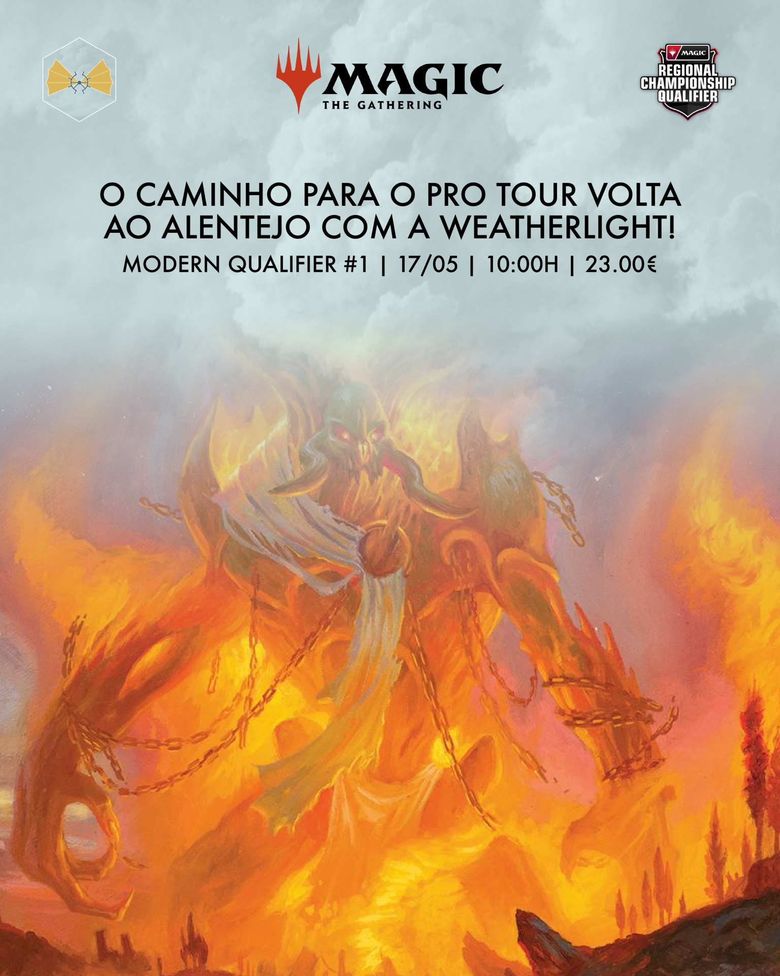 Promoção do torneio Magic The Gathering Modern Qualifier #1 com criatura flamejante, texto em português e logótipos oficiais.
