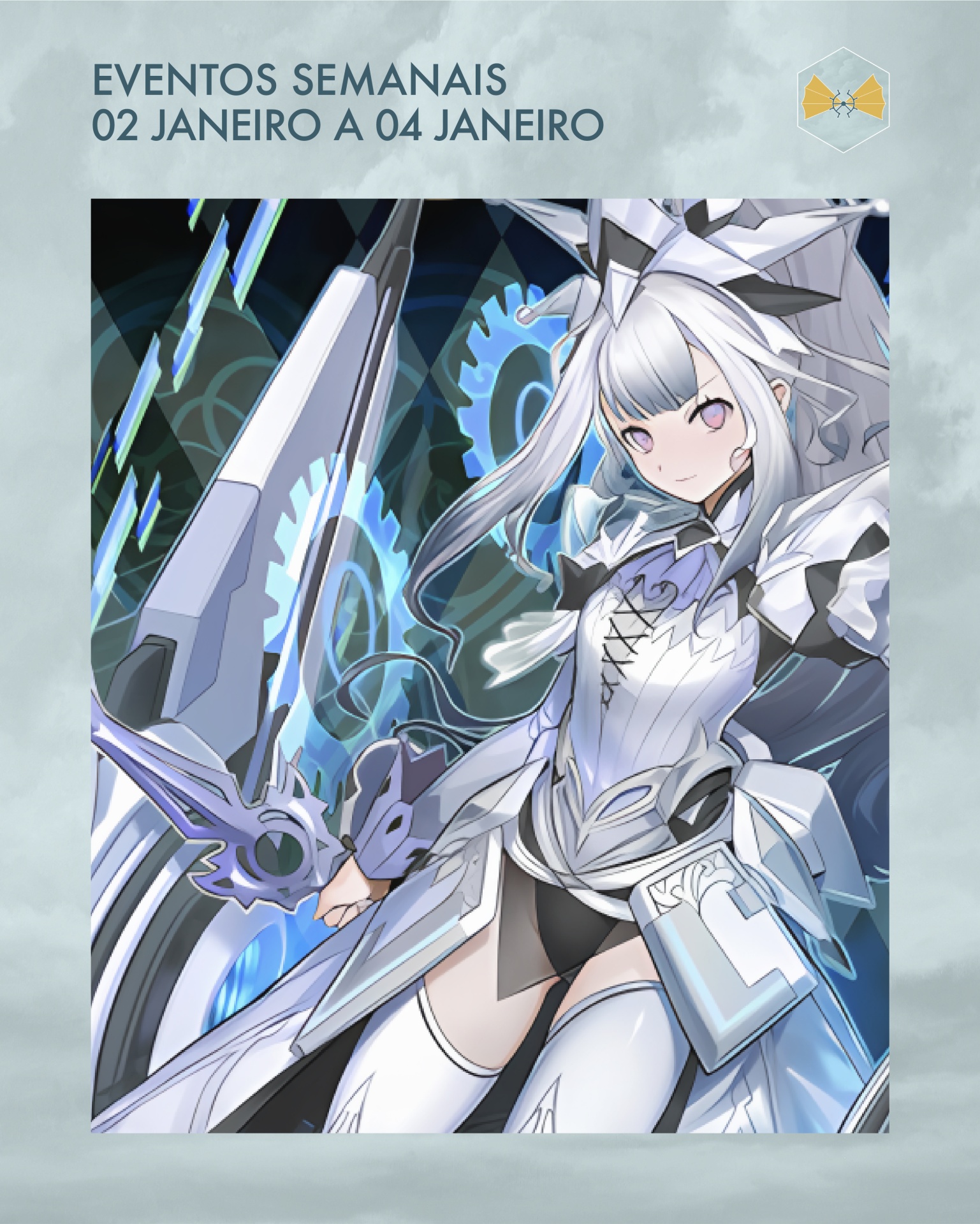 Personagem anime com armadura branca e arma futurista com engrenagens azuis, texto de eventos semanais em português.