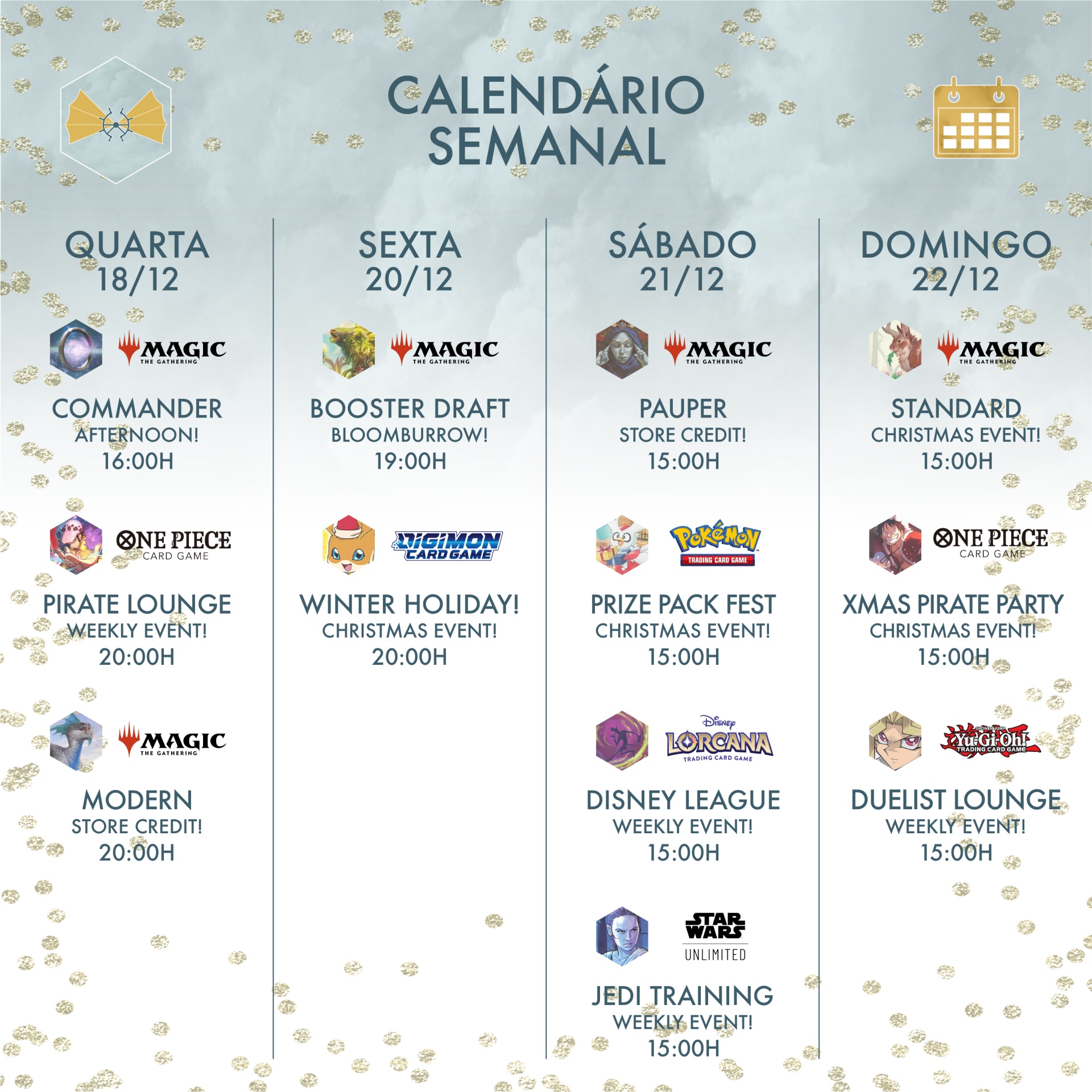 Calendário semanal de eventos de jogos com datas, horários e logos de Magic, One Piece, Digimon, Pokémon, Lorcana, e Star Wars