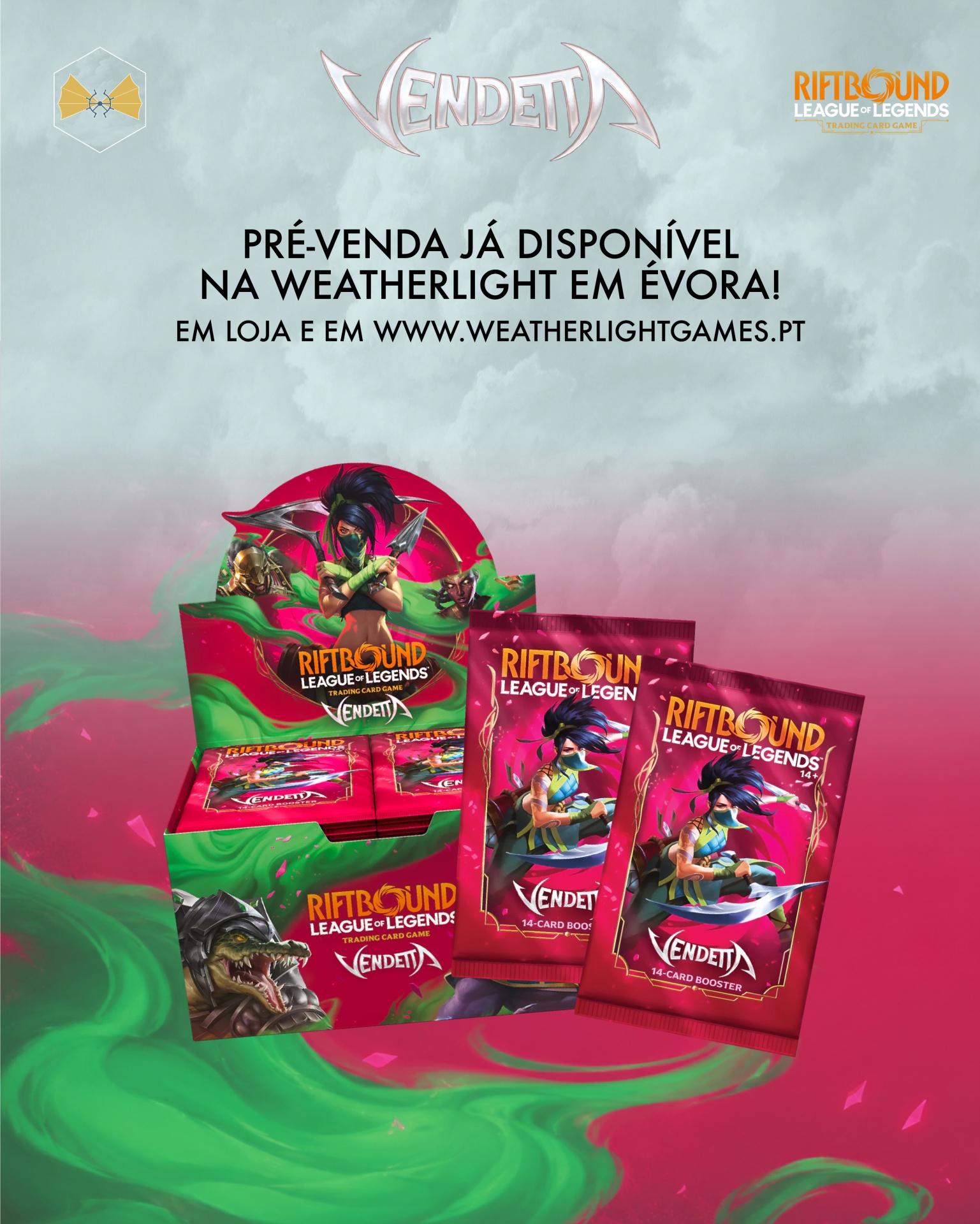Expositor e pacotes de cartas colecionáveis Riftbound League of Legends Vendetta com arte colorida e texto de pré-venda