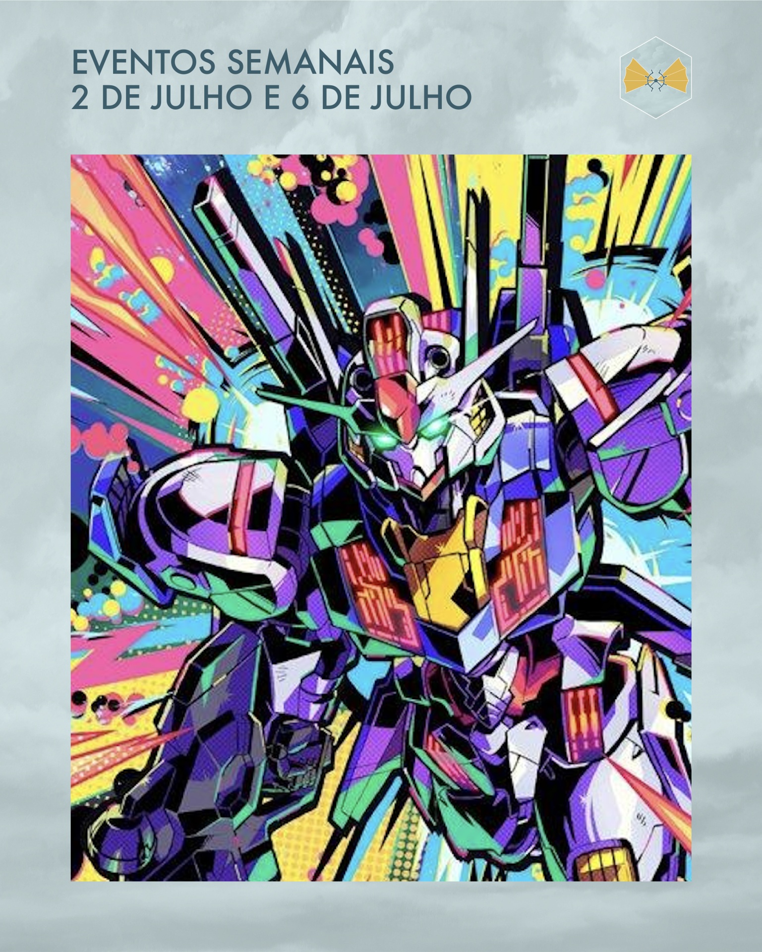 Ilustração colorida de robô estilizado com texto sobre eventos semanais em fundo cinza