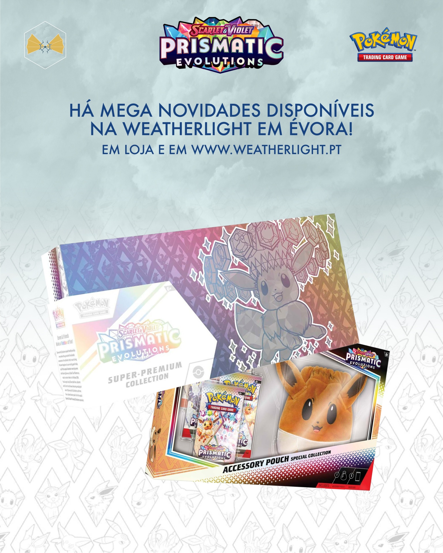 Promoção de produtos Pokémon Scarlet & Violet Prismatic Evolutions com caixa Super-Premium Collection e estojo acessório com Eevee