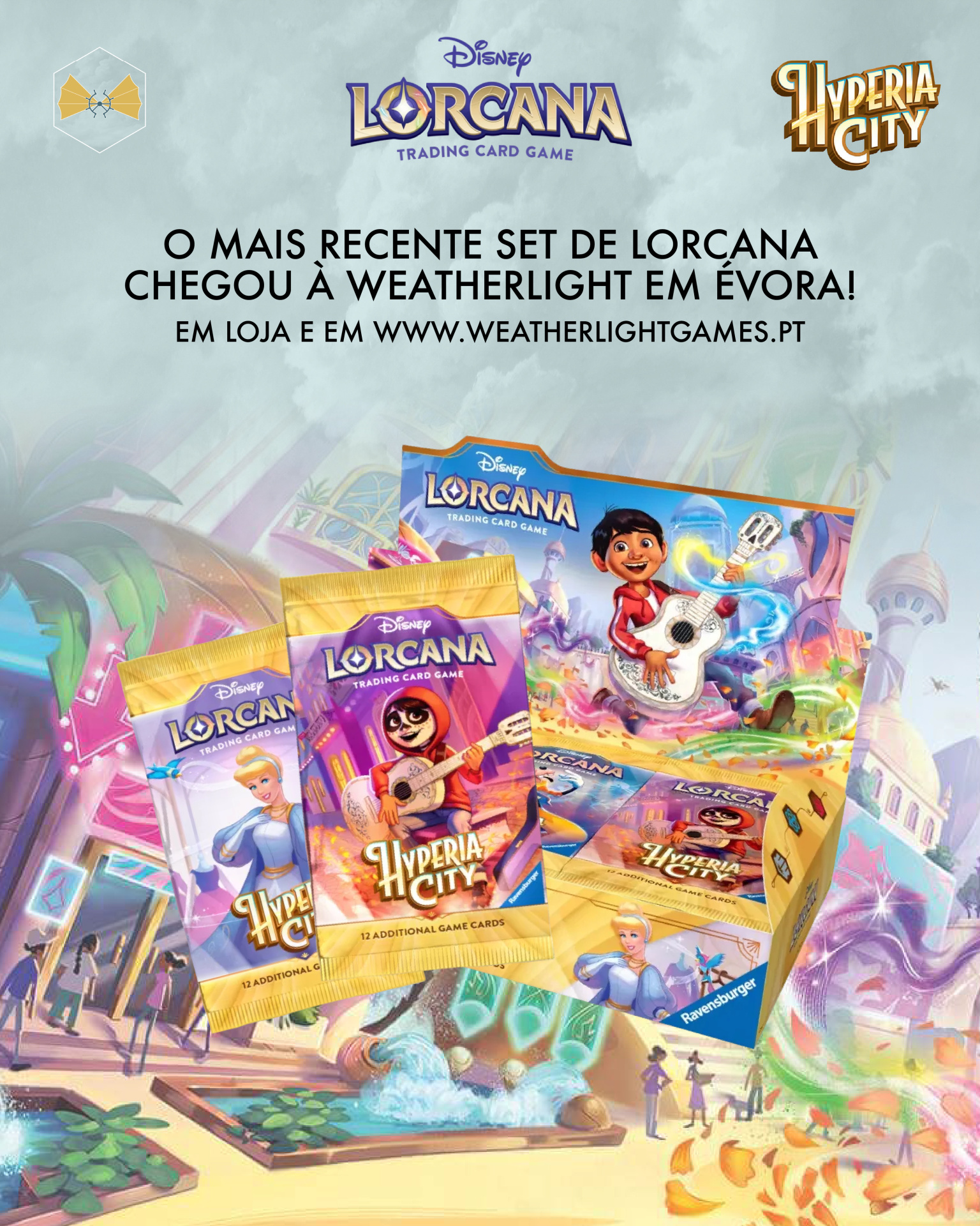 Pacotes e caixa do jogo de cartas Disney Lorcana com texto promocional