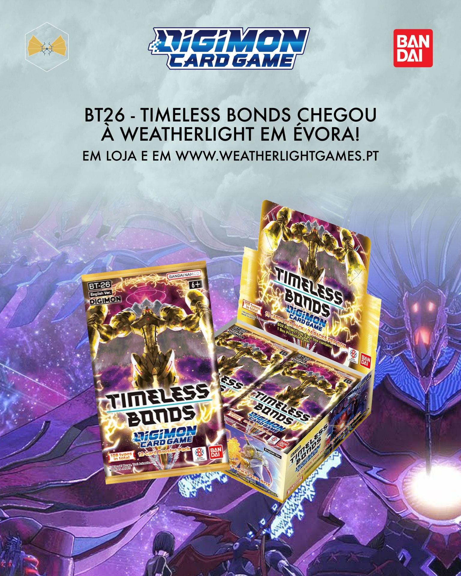 Promoção do BT26 - TIMELESS BONDS do DIGIMON CARD GAME em embalagens douradas com texto em português