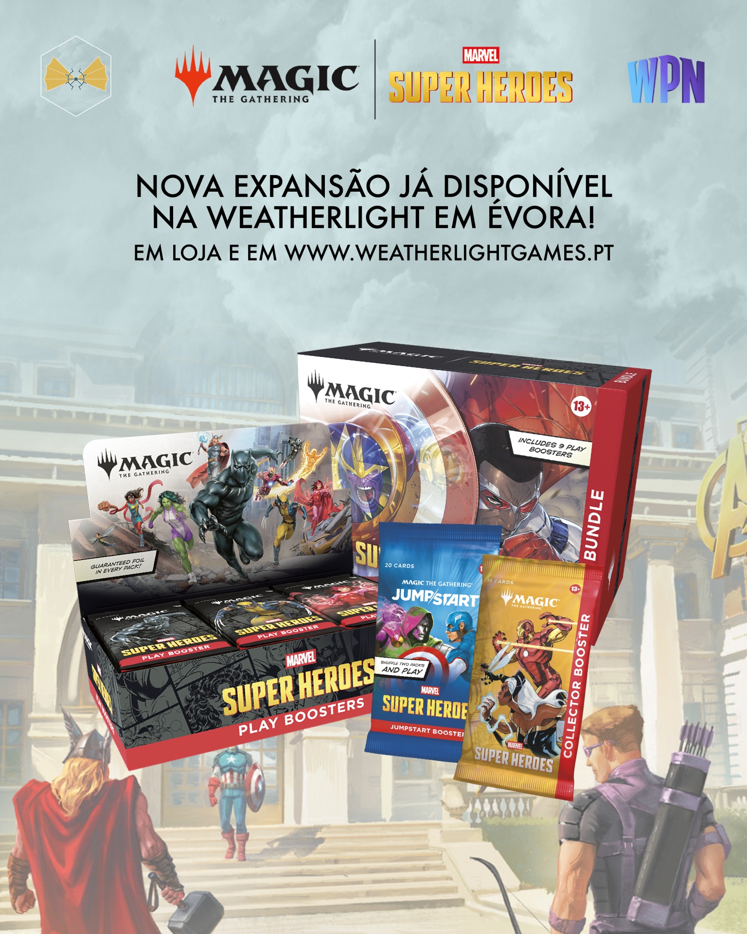 Caixas e pacotes de cartas Magic The Gathering Marvel Super Heroes com personagens e logotipos.