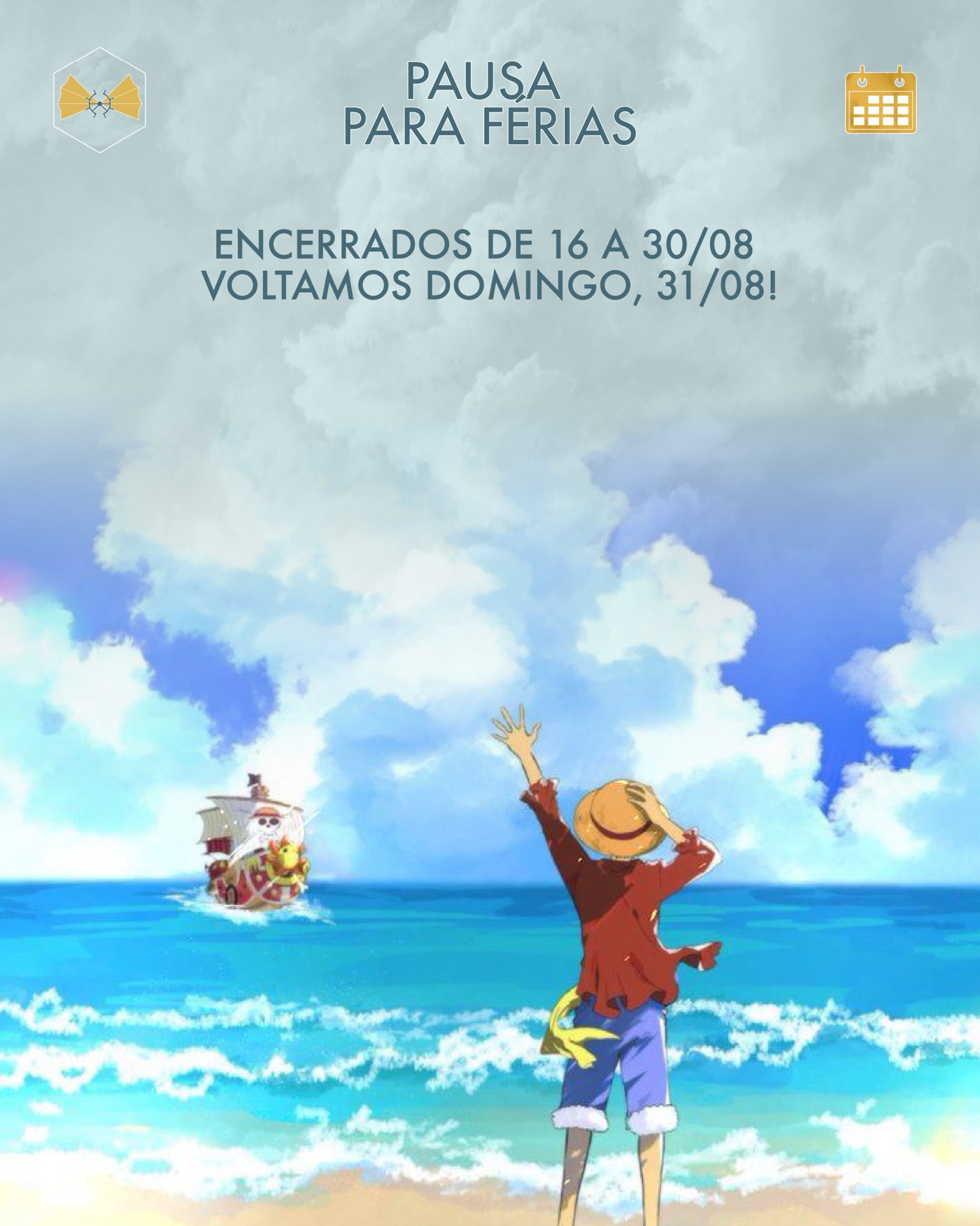 Ilustração de uma pessoa acenando para um navio no mar com texto de pausa para férias