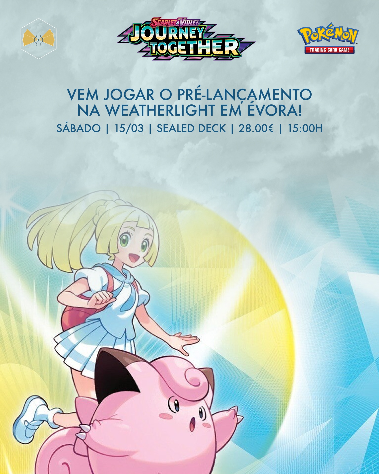 Cartaz do jogo Pokémon com personagem de anime e Pokémon Clefairy para pré-lançamento Weatherlight