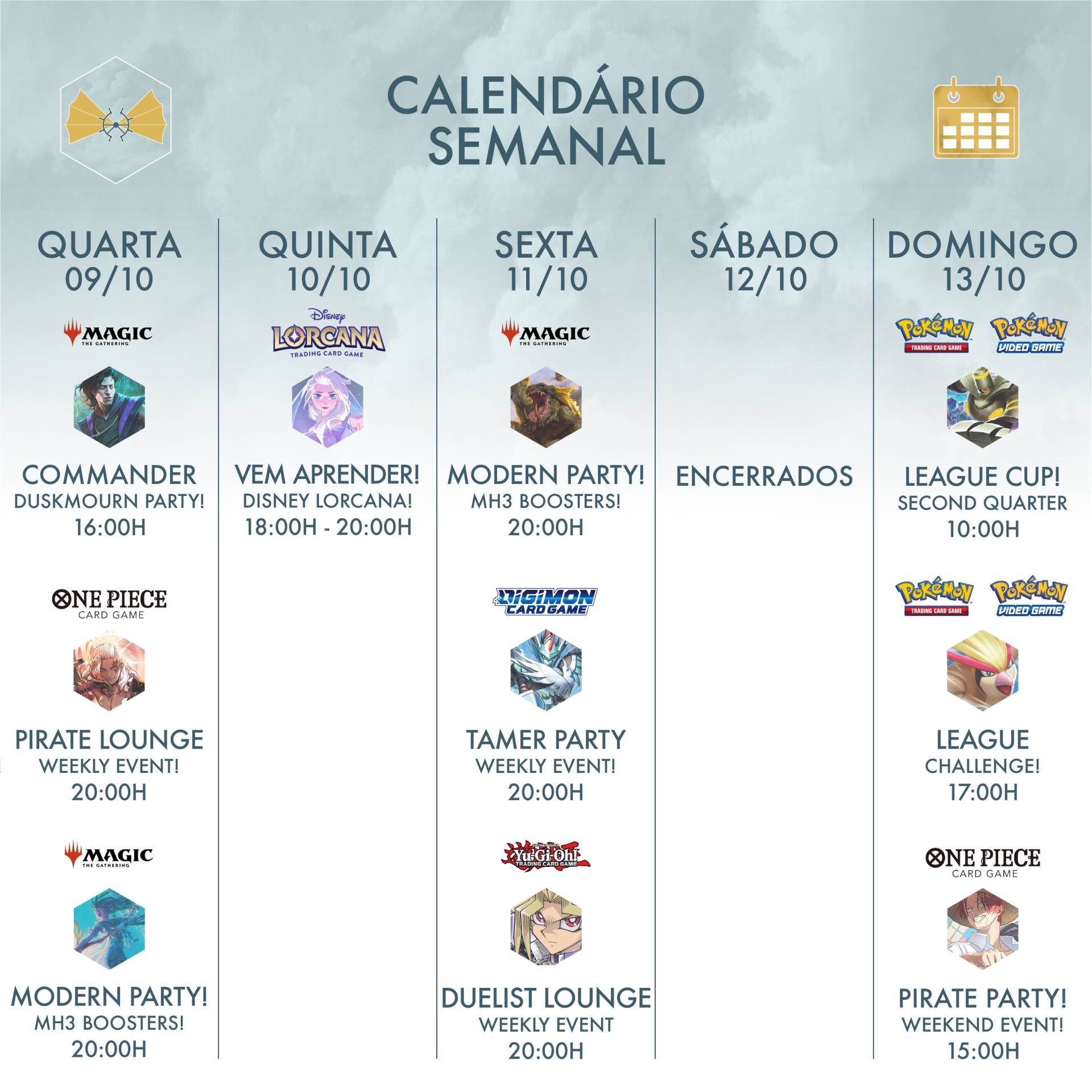 Calendário semanal com eventos de jogos Magic, Lorcana, One Piece, Pokemon e Yu-Gi-Oh!