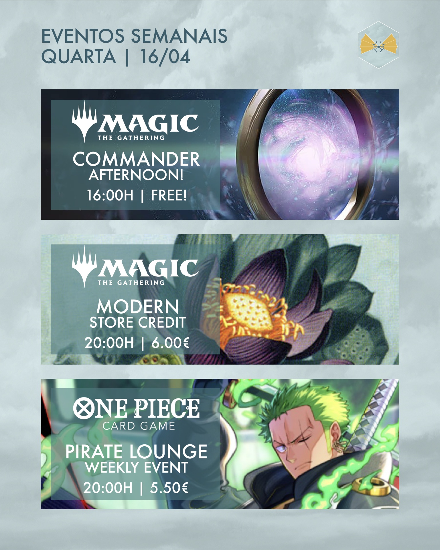 Cartaz com eventos semanais para jogos de cartas incluindo Magic The Gathering e One Piece