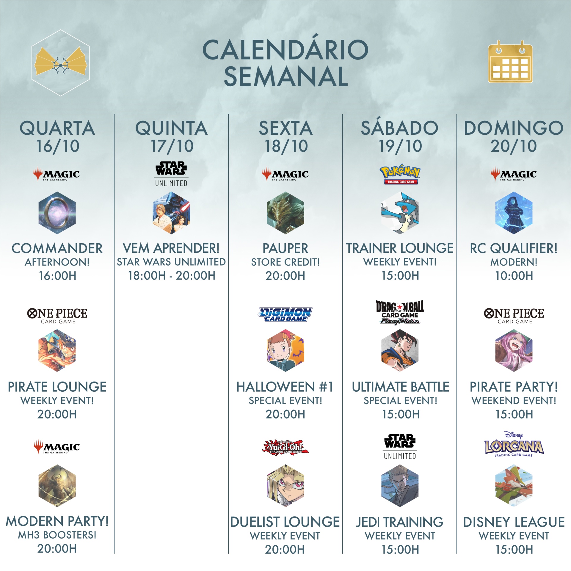 Calendário semanal de eventos para jogos de cartas de 16 a 20 de outubro