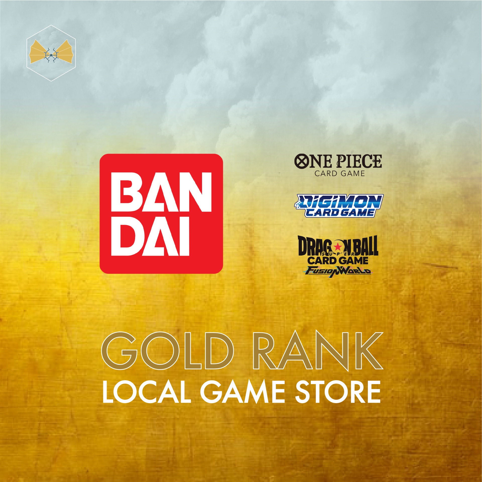 Logos da Bandai e jogos de cartas com texto Gold Rank Local Game Store