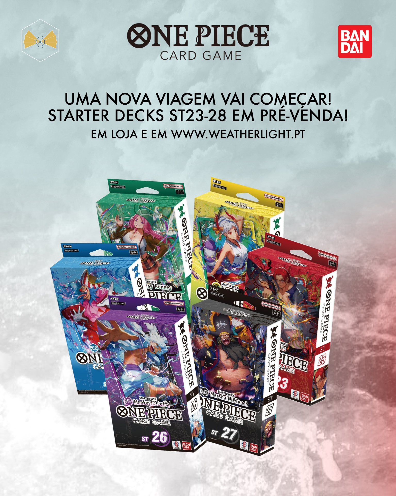 Está prestes a começar uma nova aventura no One Piece Card Game! 🏴☠️ Starter Decks One Piece ST23-28 embalagens coloridas com personagens em fundo cinza e vermelho