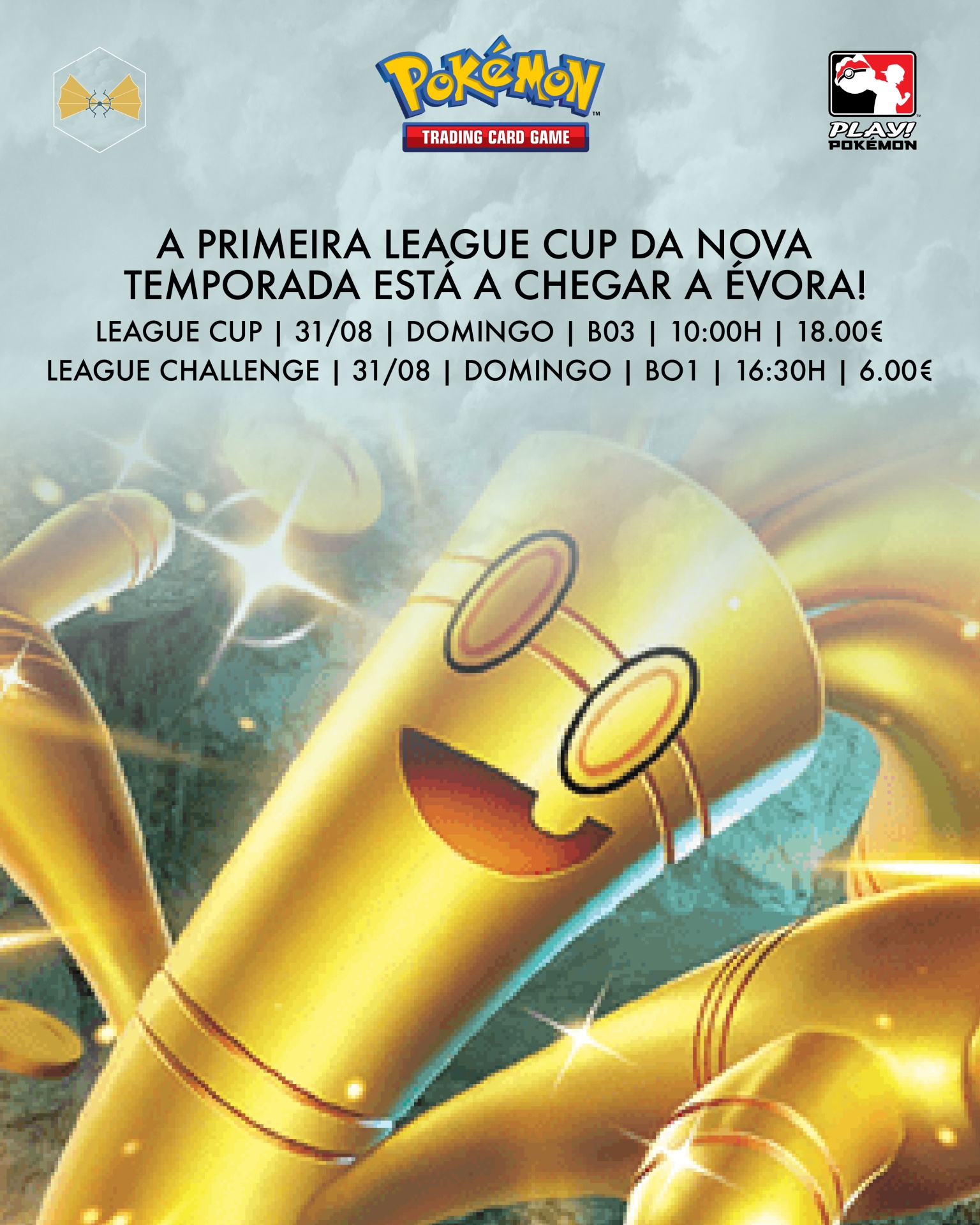 Promoção Pokémon Trading Card Game com personagem dourado sorridente e texto de evento em português
