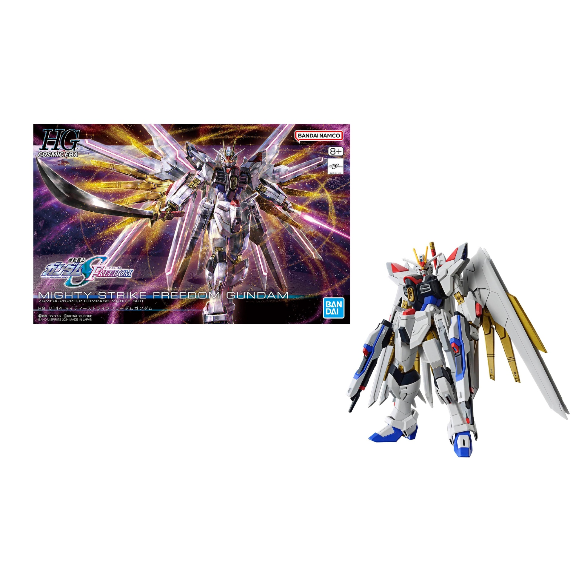 Model Kit: HG 1/144 Mighty Strike Freedom Gundam Kit montagem Mighty Strike Freedom Gundam com robô futurista branco azul vermelho e dourado em fundo espacial.