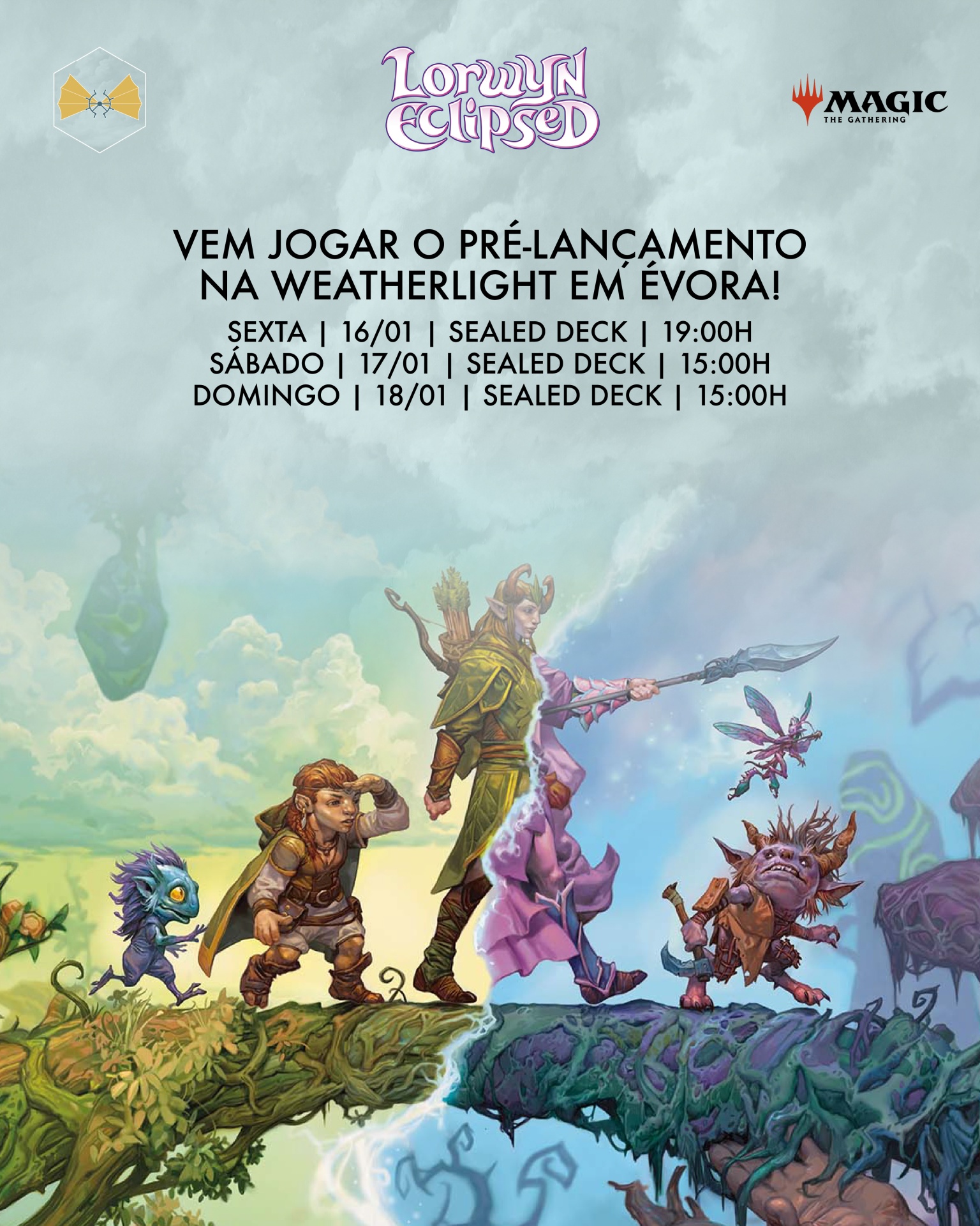 Anúncio do pré-lançamento do jogo Lorwyn Eclipsed com personagens de fantasia em tronco dividido e céu ao fundo.