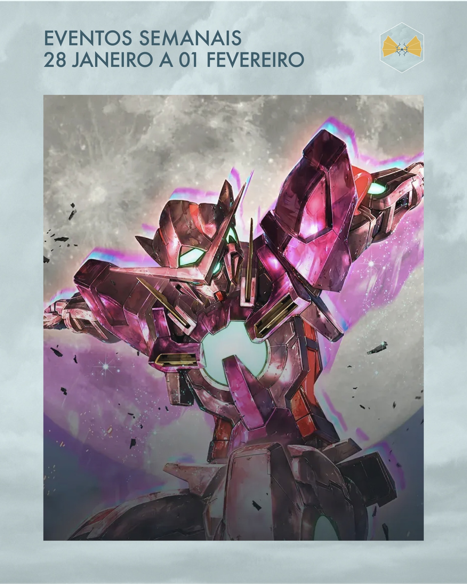 Poster com robô gigante futurista em tons vermelhos, roxos, verdes e texto de eventos semanais